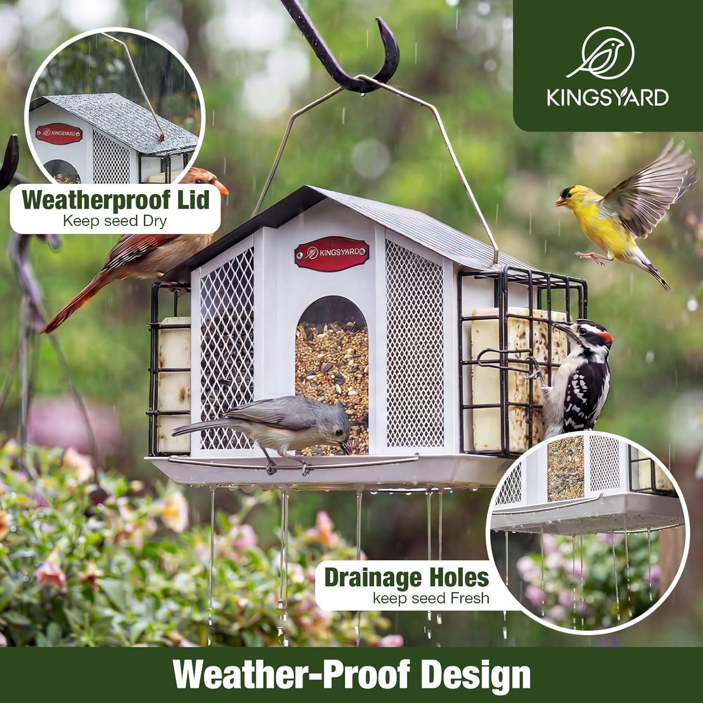 Kingsyard Large Metal Bird Feeders for Outdoors Hanging with Weatherproof Roof, 4 in 1 Removable Double Suet Feeder for Woodpecker, 4 Lbs Capacity for Cardinal Finch Chickadee, White