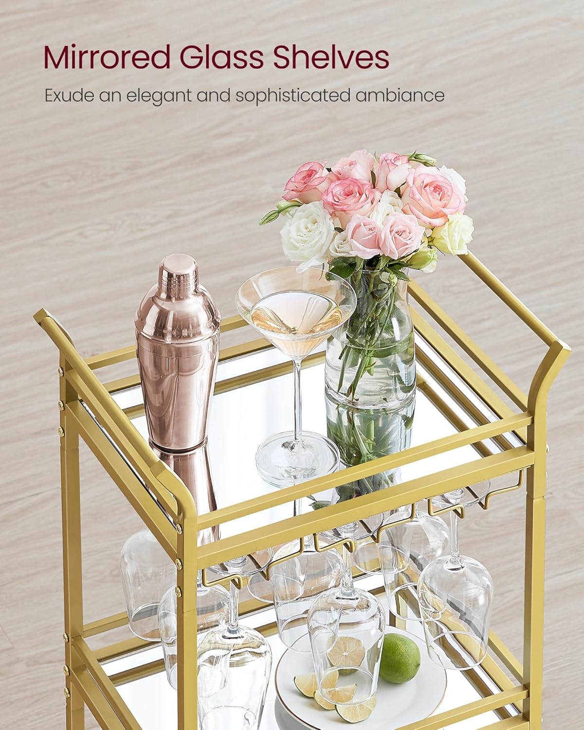 VASAGLE Bar Cart, Home Bar Serving Cart, Small Bar Serving Cart with 3-Tier Shelf, Wine Holders, Glass Holders, Mini Bar Cart for Small Spaces, Kitchen, Dining Room, Living Room, Pale Gold