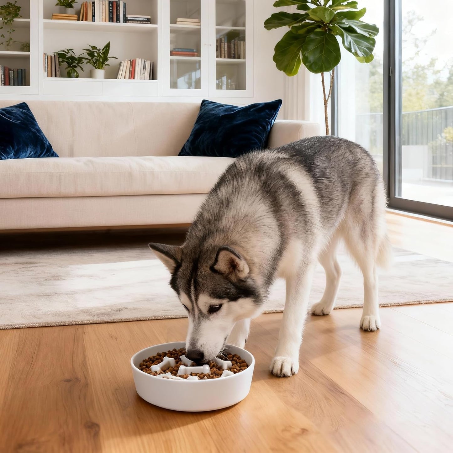 Ceramic Slow Feeder Dog Bowl, 1.5 Cup Dog Food or 20oz Water, Slow Eating Bowl for Small Breed, Maze Puzzle Feeder for Fast Eaters, Anti-Choking Stop Bloat, Non-Slip BPA Free (White Bone)