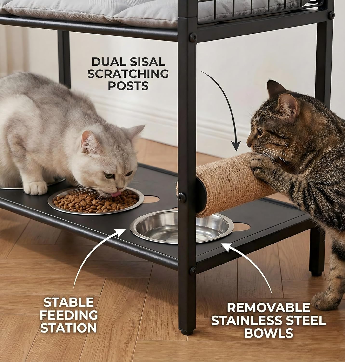 4in1 Cat Furniture Stand with Cat Scratching Post, Cat Food Bowls, Cats Bed Platform, Cats Food Storage Organizer, All in One Pet Furniture for Small Space (Black)