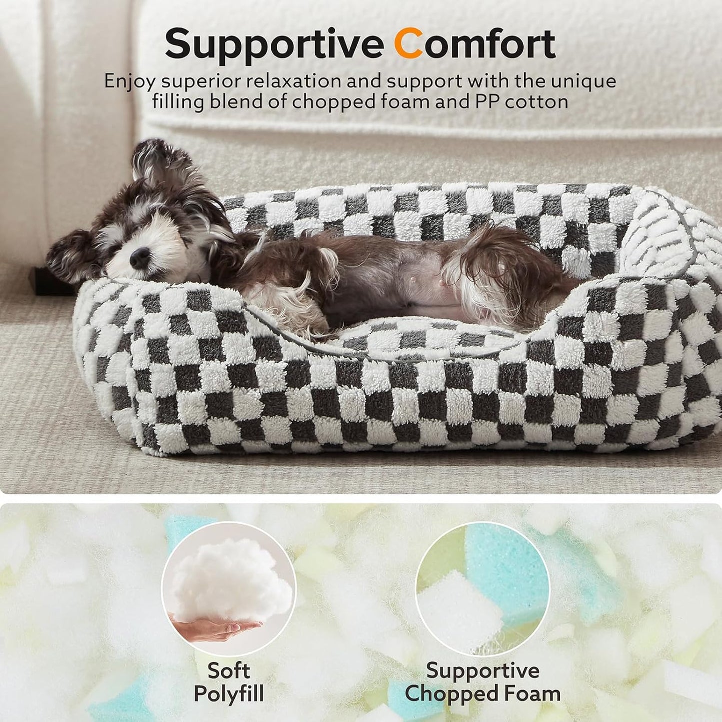 JOEJOY Dog Bed for Medium Small Dogs - Rectangle Orthopedic Dog Sofa Bed, Cute Modern Puppy Bed with Jacquard Shaggy Plush & Anti Slip Bottom, 25x21x8inches, Grey