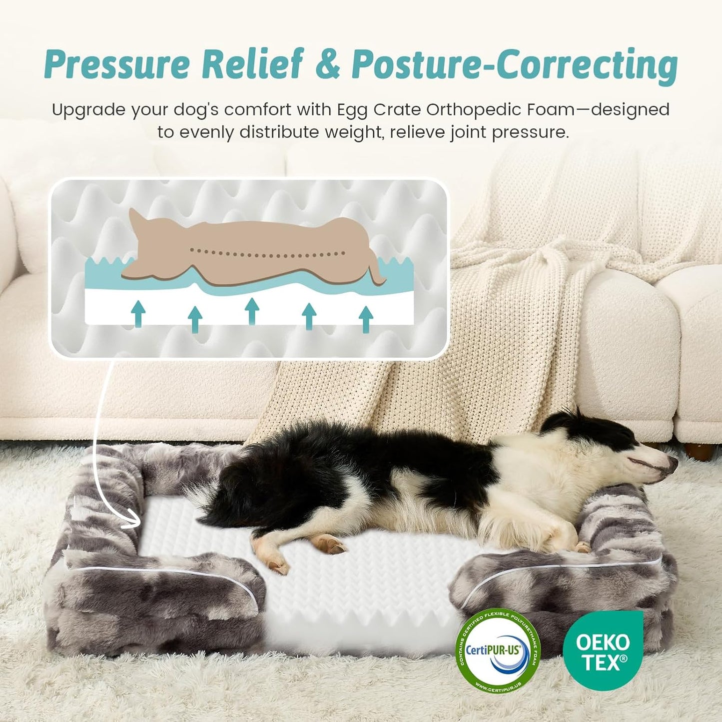 Orthopedic Dog Bed for Large Medium Size Dog, Soft and Warm Faux Fur Sofa for Pet Up to 75 lbs, Foam Bolster Anti-Slip Couch with Washable Removable Cover, L 36x27x6.5 inch, Tie Dye Grey