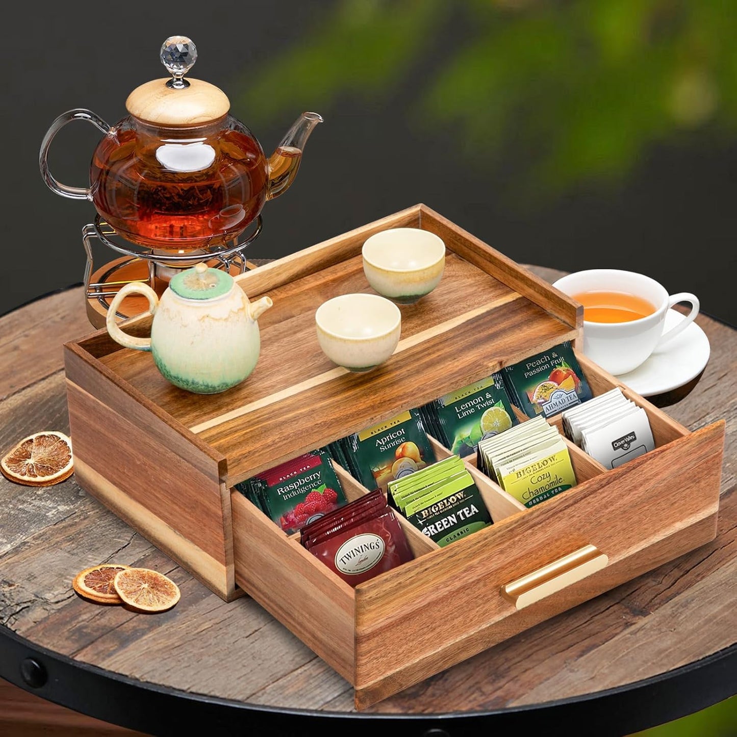 Tea Bag Organizer, Wood Tea Organizers and Storage Box, Tea Bag Holder Station Caddy Container for Countertop, Tea Accessories Gift Box with Drawer