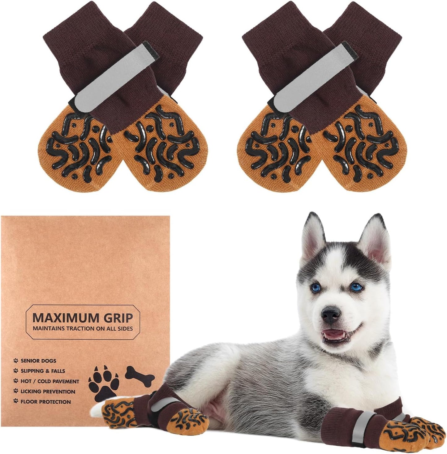 2 Pairs of Dog Socks to Prevent Licking Paws, Double Sides Non-Slip Dog Boots & Paw Protectors, Paw Dog Socks with Grippers for Senior Dogs on Hardwood Floor (Brown, X-Small)