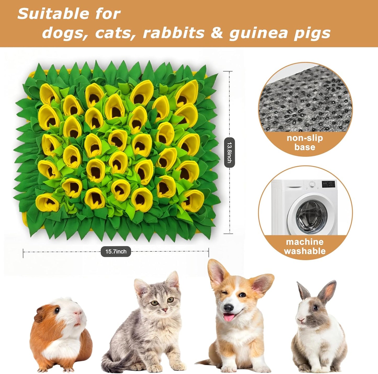 Snuffle Mat for Dogs, Cats, Rabbits, Guinea Pigs, Durable Washable Pet Feeding Mat, Flower & Grass Slow Feeder, Nose Work Training Pad, Anxiety Relief & Mental Stimulation(S, Yellow)