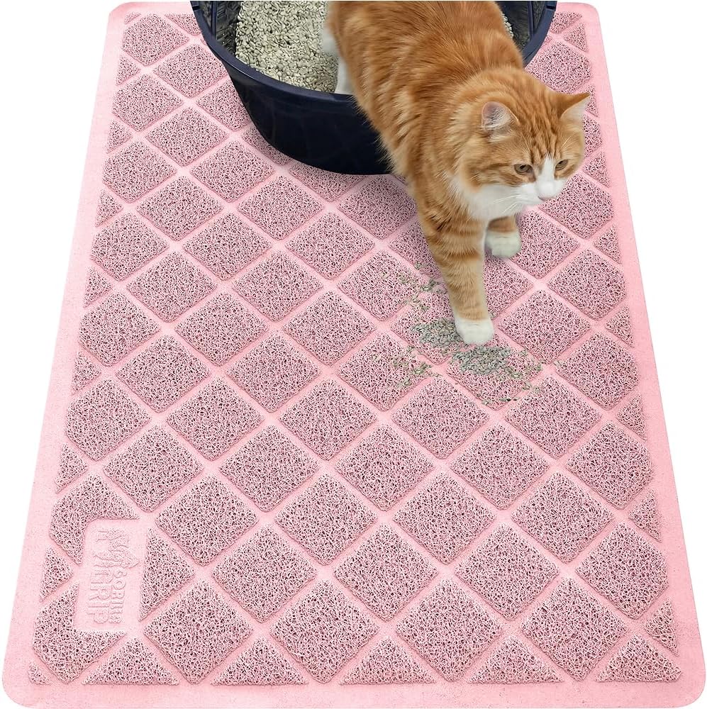 GORILLA GRIP Cat Litter Box Mat, 35x23, Cushioned Coil Mesh Litter Trapping Mats, Scatter Control Supplies for Less Mess, Phthalate Free, Ultra Deep Catch Grooves, Rinse or Vacuum to Clean, Light Pink