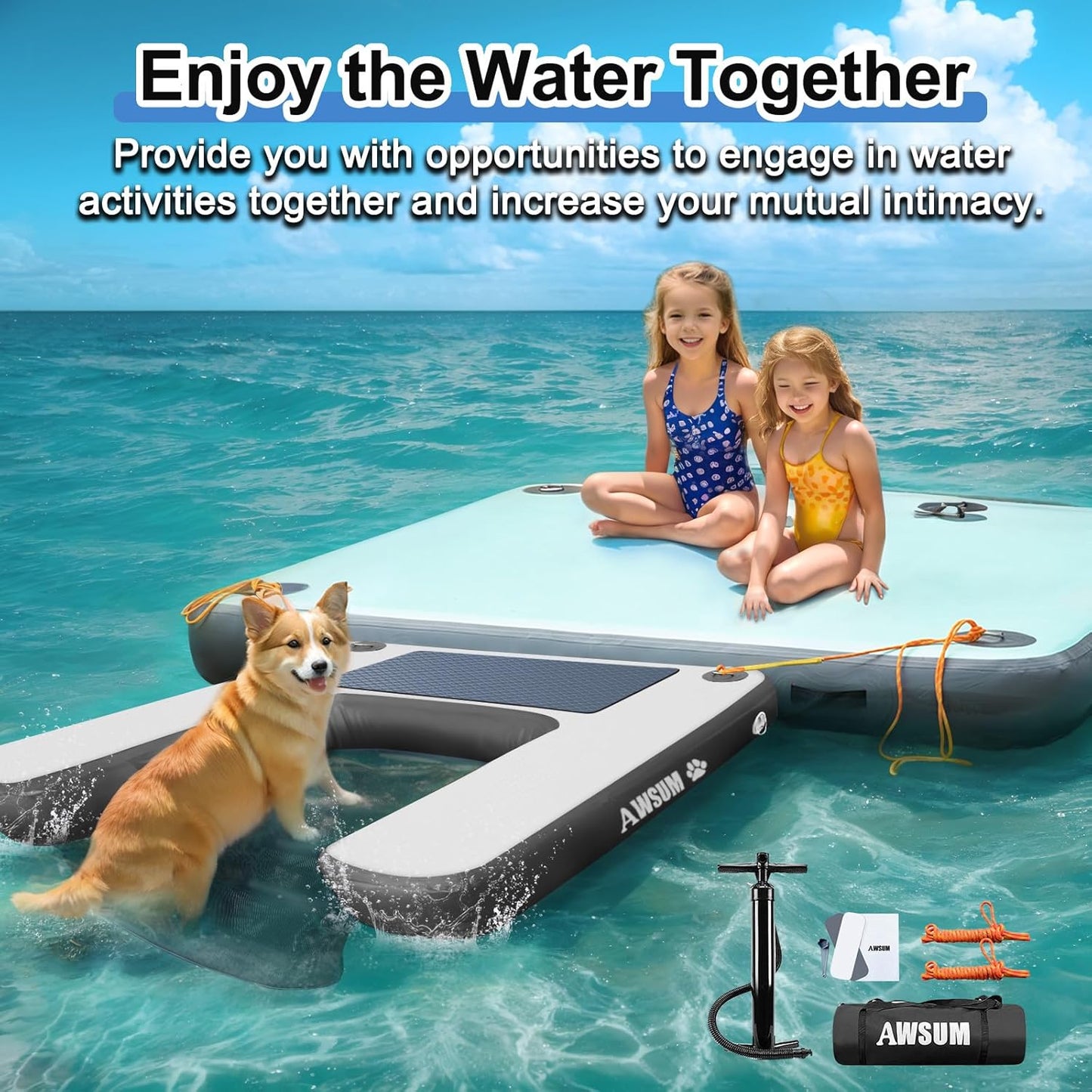 AWSUM XL Inflatable Dog Water Boat Ramp Dock Floating for Dogs Up to 280LBS On Water Float Ladder Steps for Lakes Easy Access Dog Pool Ramp