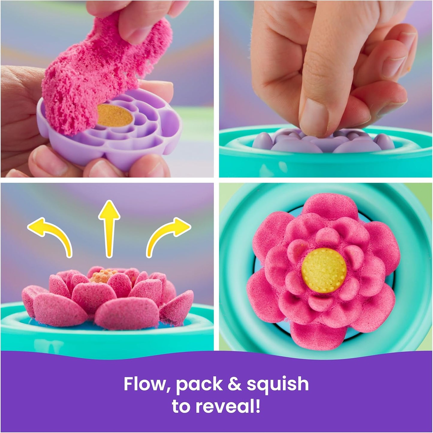 Kinetic Sand, SquishBlossom Blooming Flower, Easter Basket Stuffers, Includes 8oz Neon Yellow & Pink Moldable Play Sand, Pot & Molds, Sensory Toys for Kids