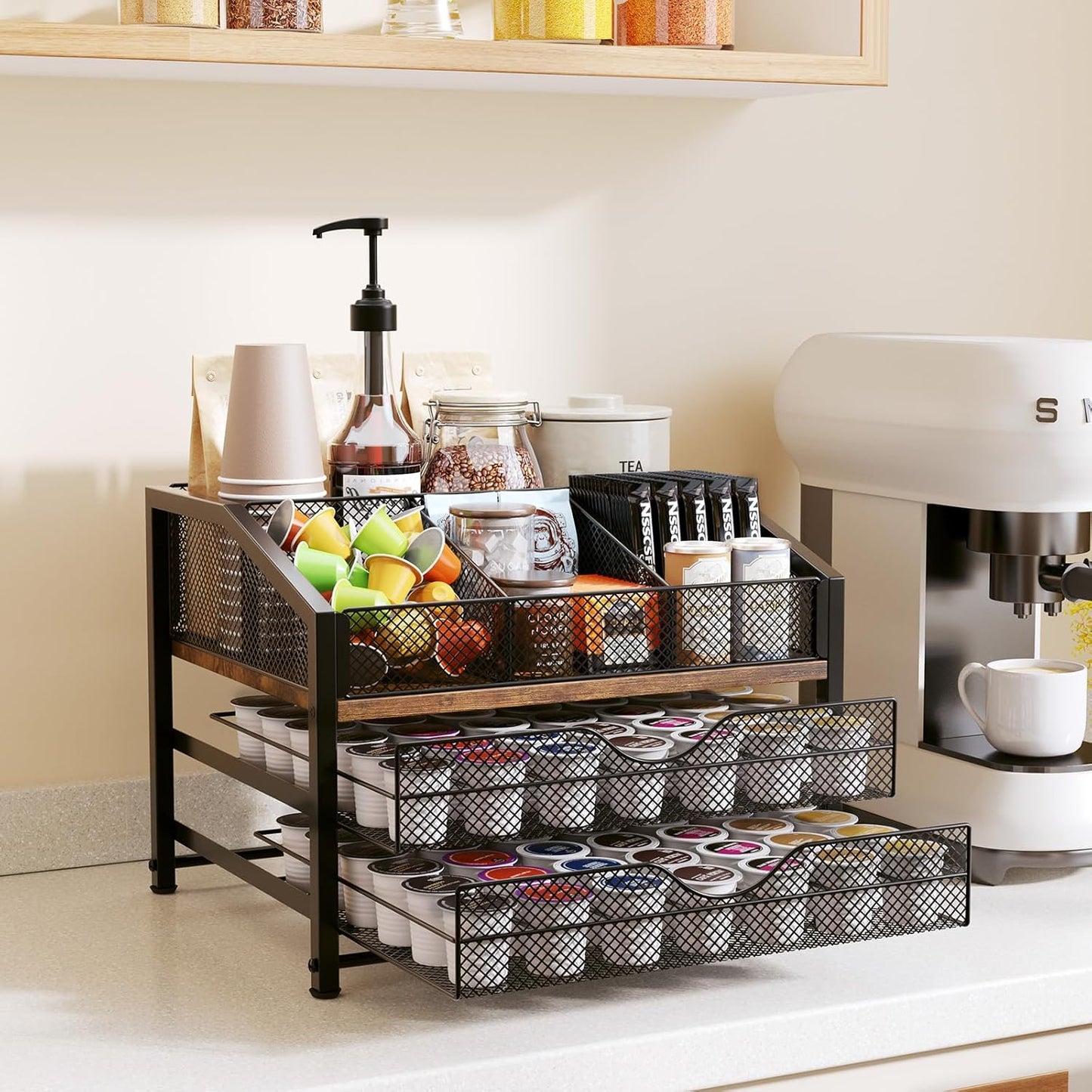Coffee Bar Organizer - Coffee Station for Countertop, Metal and Wood K Cup holder Storage Basket for Coffee Pods, Syrup, Cups, Stirrer, Coffee Condiment, Tea Organizer, Black and Brown