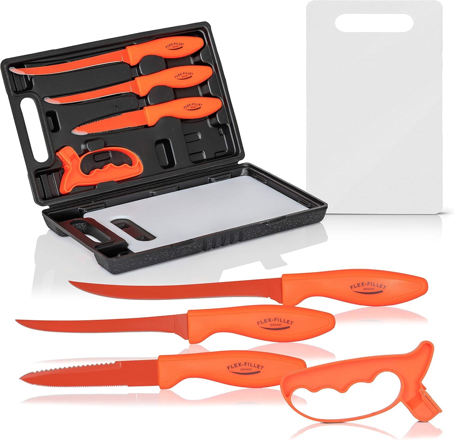 Flex Fillet Fishing Cutlery Set with Sharpening Steel, Cutting Board and Durable Leymar Handles, 5-peice