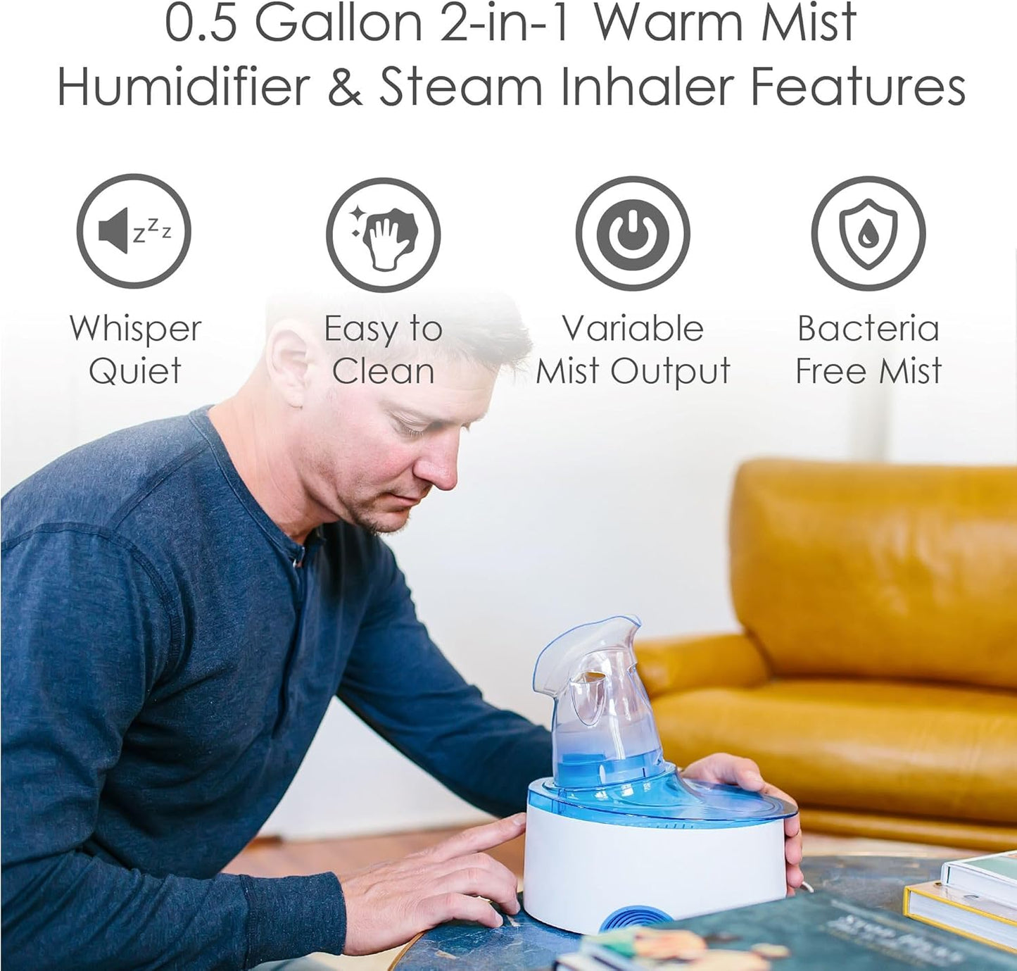 Crane Steam Inhaler & Warm Mist Humidifier, 0.5 Gallon, Humidifier FSA Eligible, Blue & White, Ideal Humidifiers for Bedroom, Sinus Inhaler, Vaporizer HSA, Vaporizer For Congestion