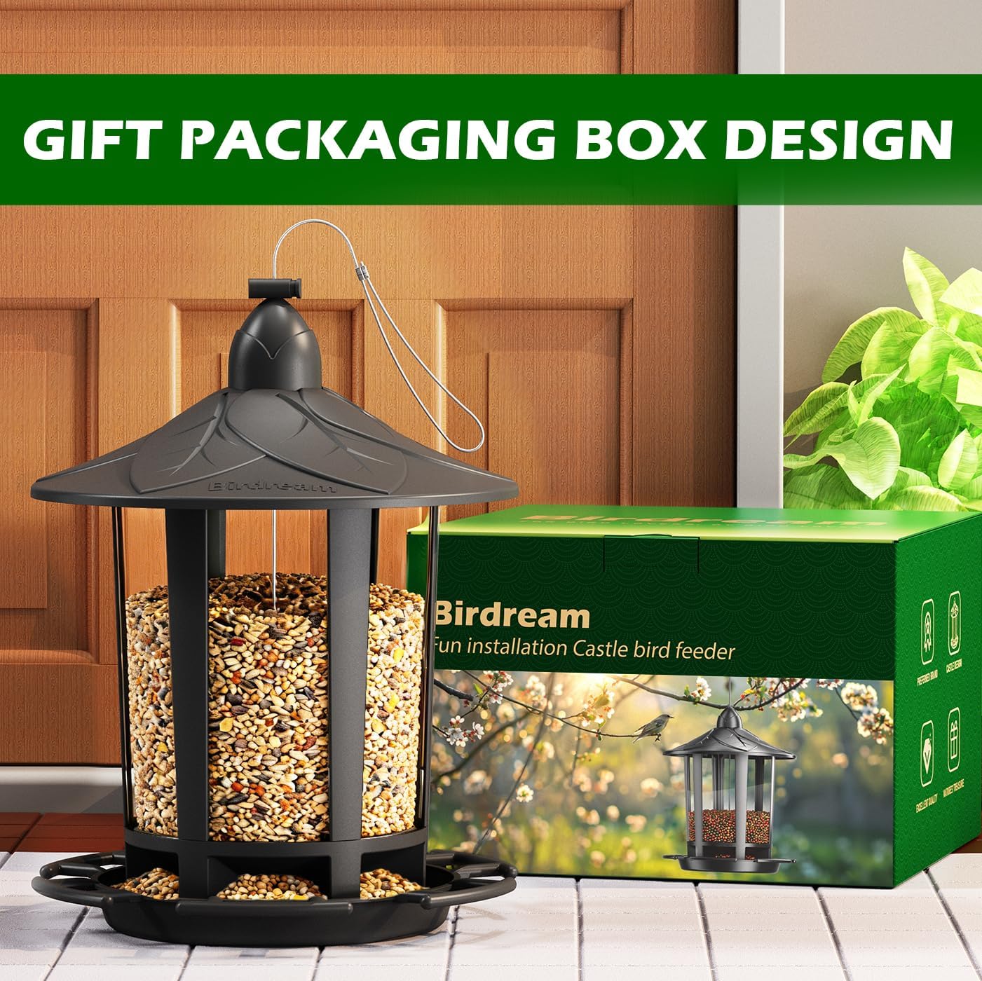 Birdream 2 Pack Bird Feeders for Outdoor Hanging, Assembly Required, 1-Min Easy Setup, Charming Castle Design, Attracting Cardinals Chickadees Goldfinches & Sparrows - Black