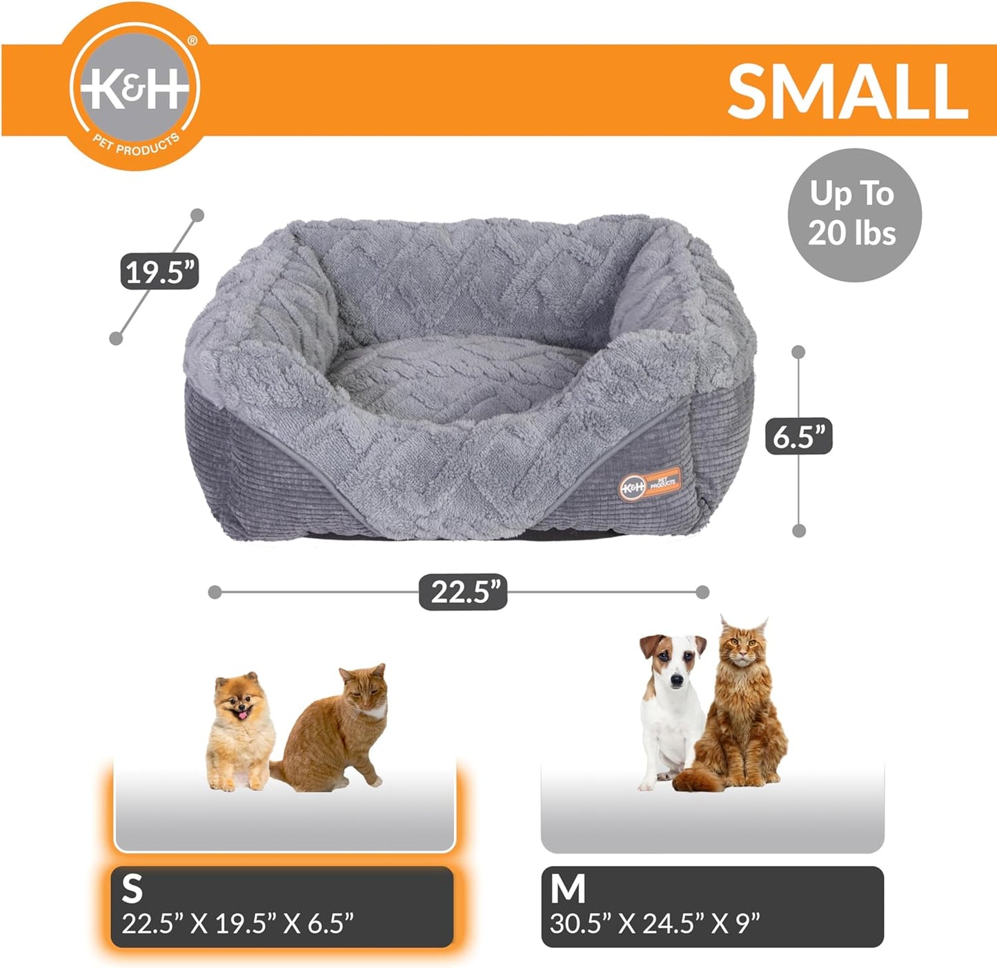 K&H Pet Products Thermo-Pet Lounge Sleeper Indoor Heated Pet Bed for Cats & Dogs, Bolstered Warm Calming Pillow Bed, Waterproof Heated Pad, Machine Washable, Safety Listed - Small 20.5 X 19.5in