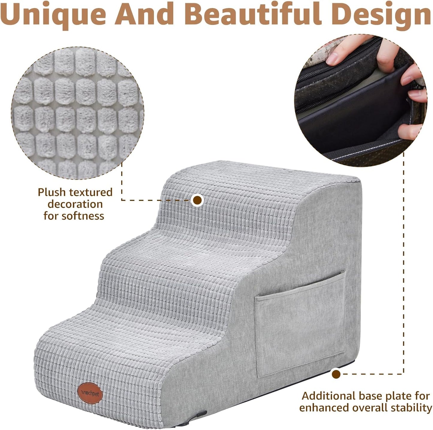Woochpet Dog Stairs for Small Dogs, 15.7”H Ramp 3 Tier Wider Curved Pet Stairs for Couch and Beds，Weighted Base Plate Indoor Dog Steps with Non-Slip Bottom and Washable Cover for Old Cats