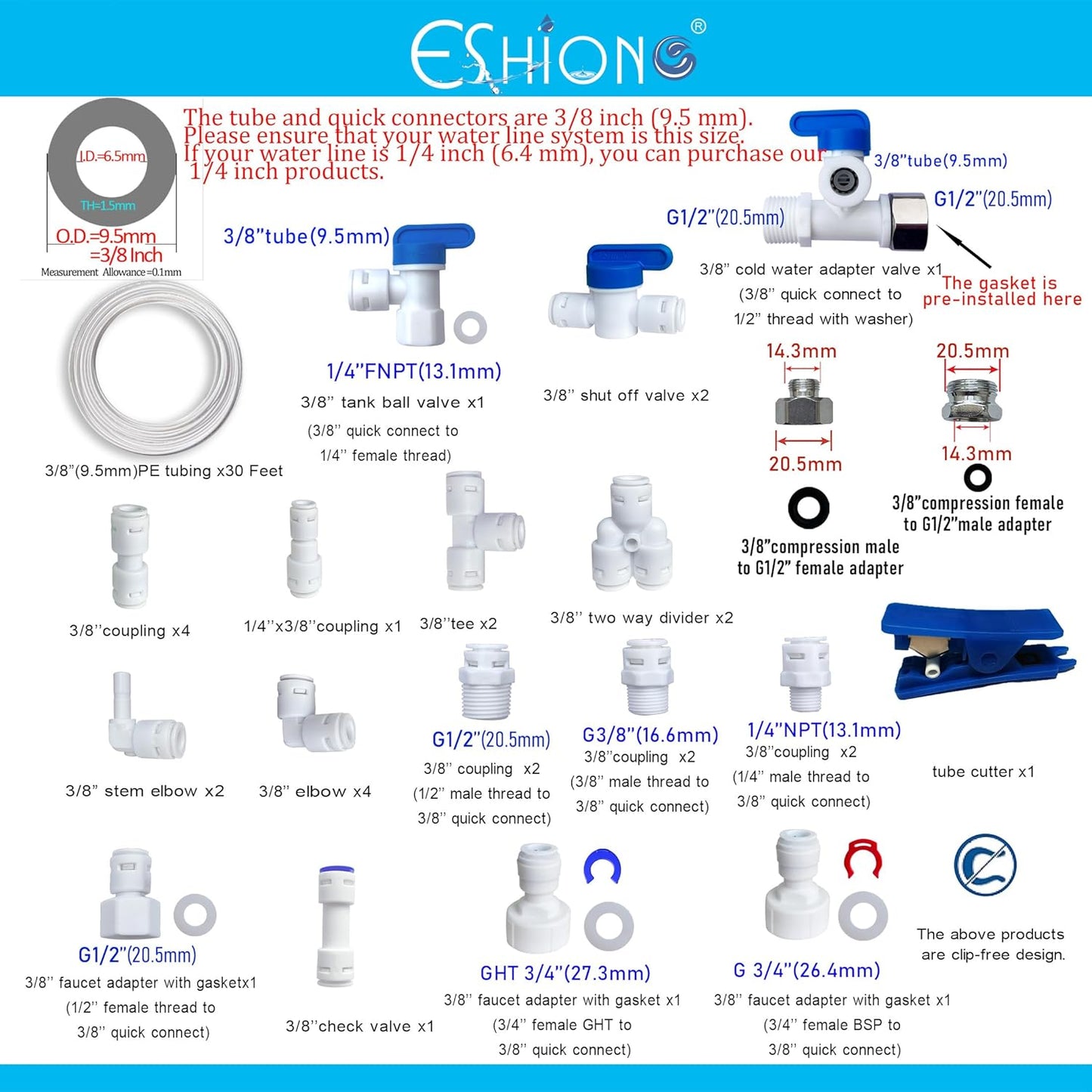NSF Certified 3/8" O.D. Push to Connect Fittings for RO (Reverse Osmosis) Water Filter 30 pcs+30 feet 3/8" Water tubing.