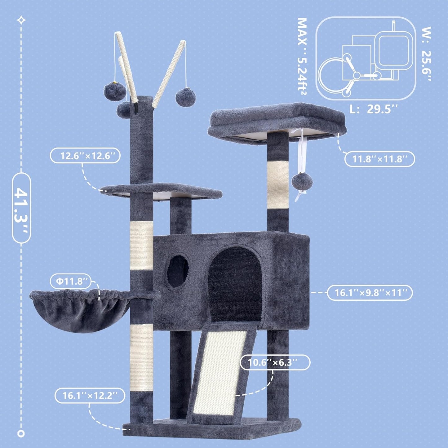 Hey-brother Cat Tree Tower, Scratching Posts with Removable Toys, Cozy Condo, Platform, Hammock, Sisal Scratch Board and Ball for Indoor Kittens, 41.3 Inches, Smoky Gray MPJ008SG