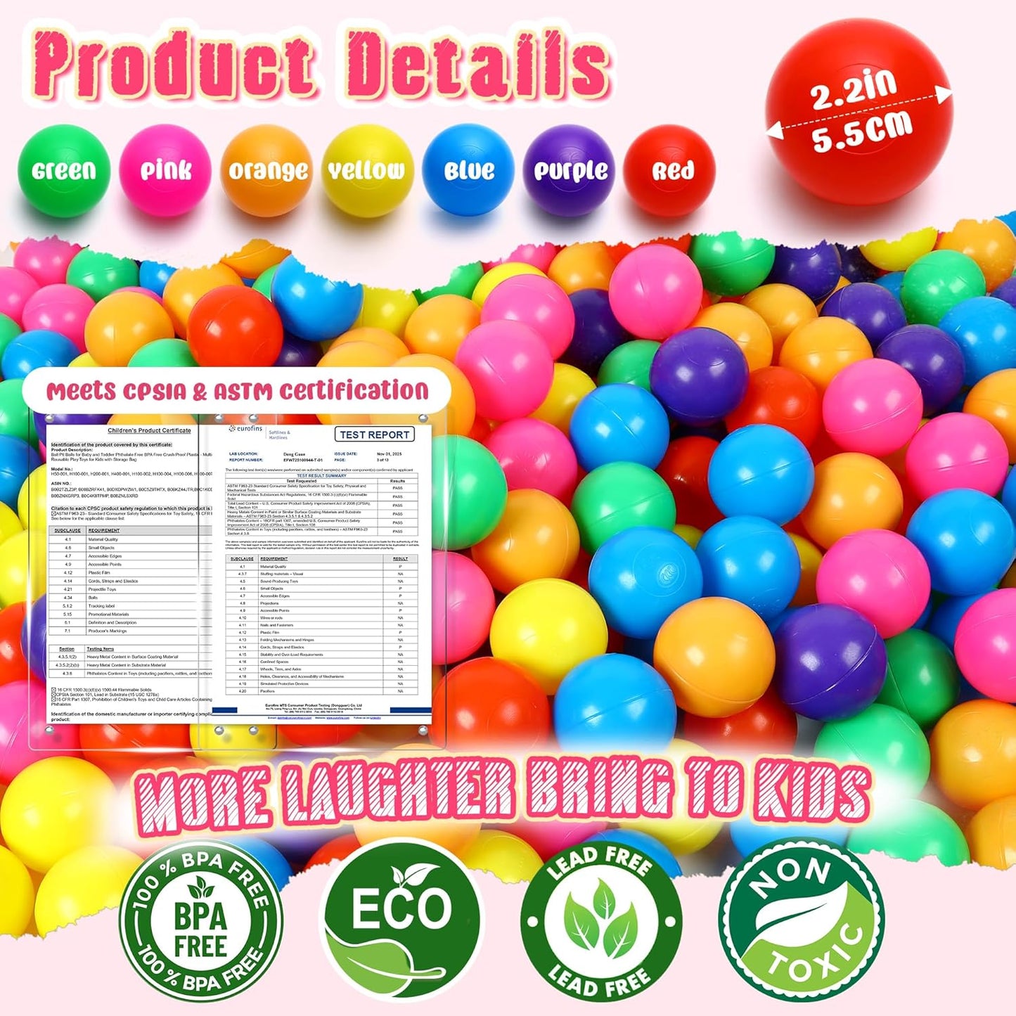 Vanland Ball Pit Balls for Baby and Toddler Phthalate Free BPA Free Crush Proof Plastic - Multicolored Pit Balls in Reusable Play Toys for Kids with Storage Bag