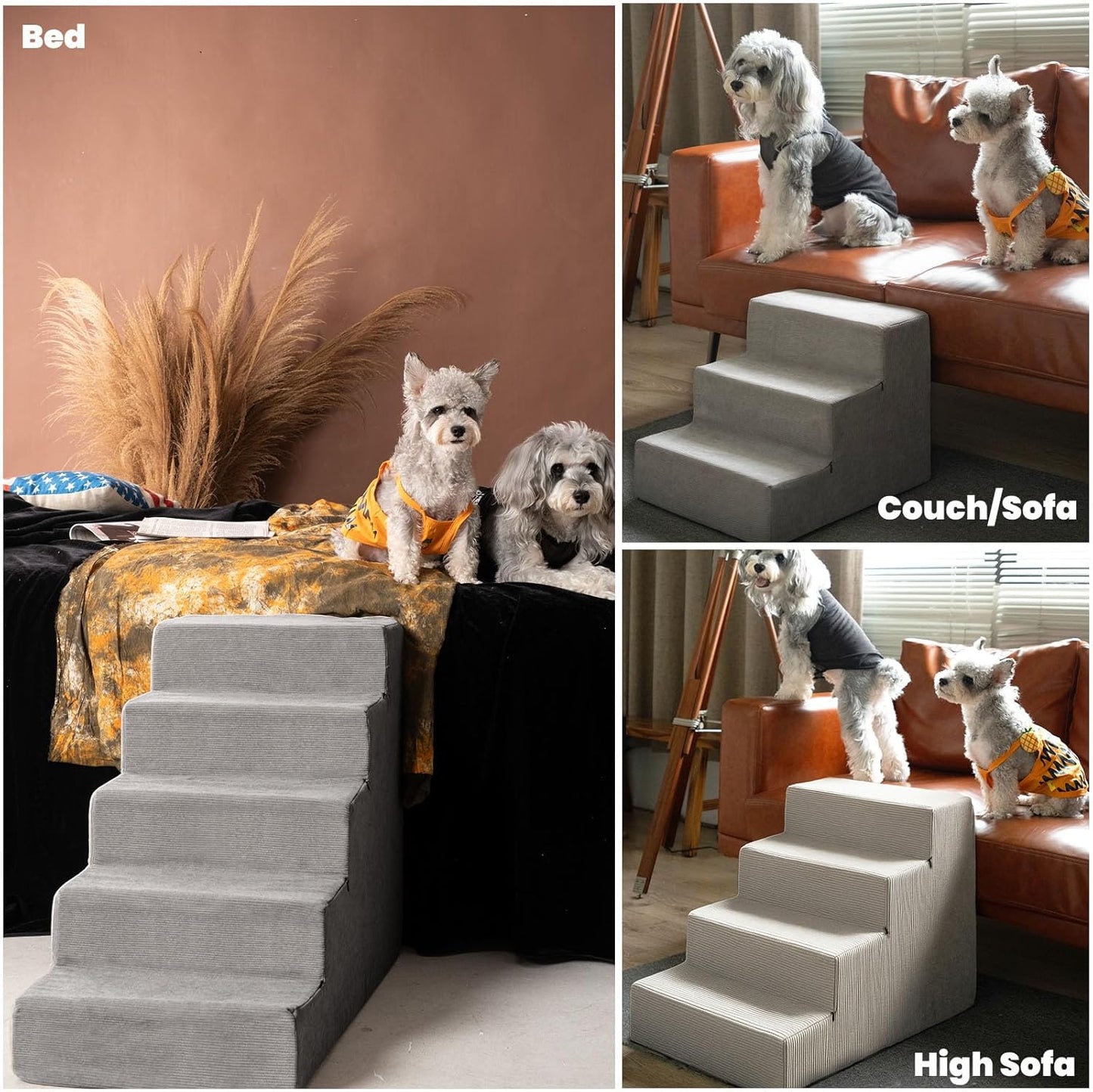 MEWANG Dog Stairs for Small Dogs, Medium Dogs & Old Cats – 4-Step Pet Ramp with High-Density Foam for Bed and Couch, Non-Slip Bottom, Washable Cover, Grey (23.9" L x 14.9" W x 18.2" H)