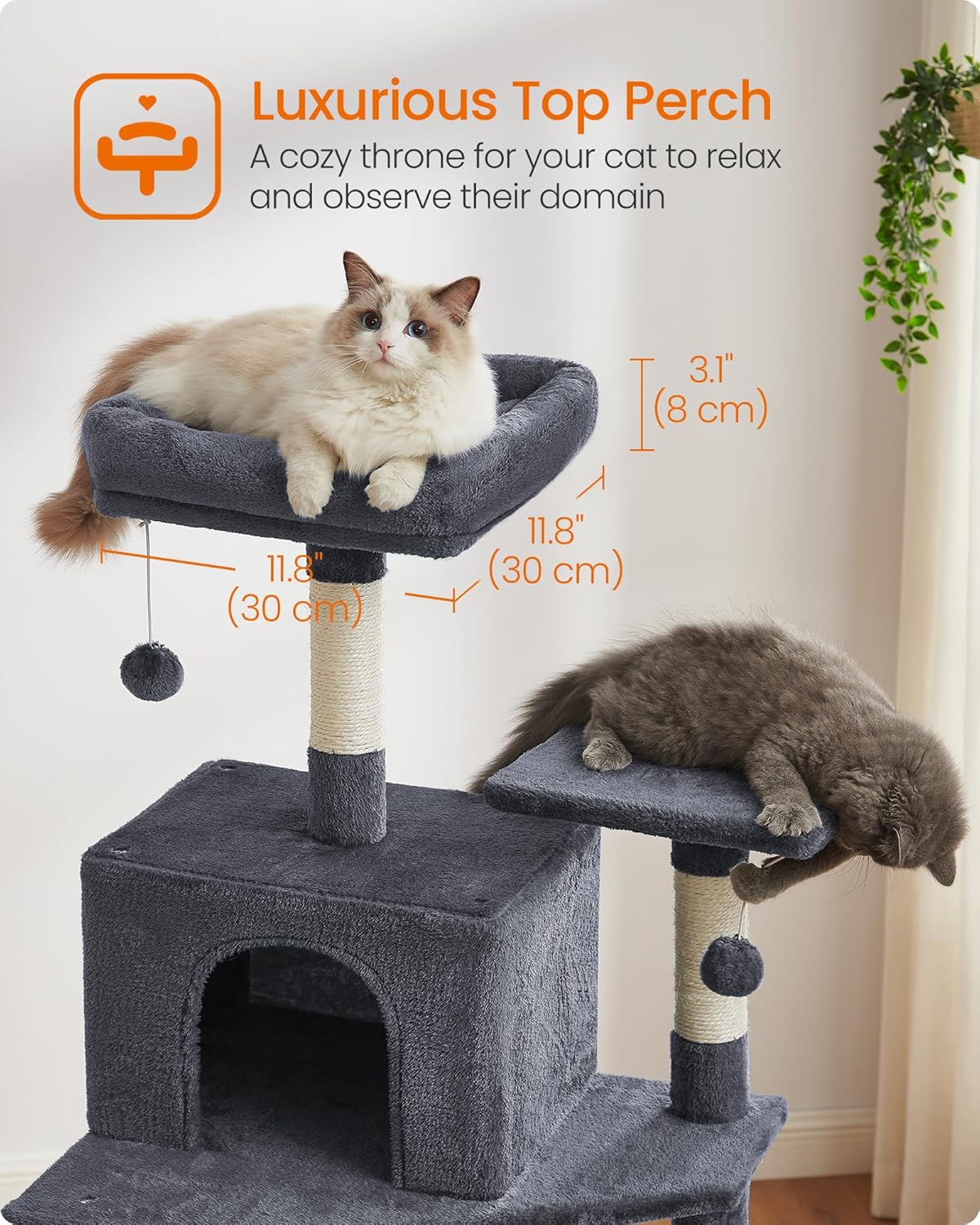 Feandrea Cat Tree, 73.2-Inch Tall Cat Tower, Plush Multi-Level Condo with 5 Scratching Posts, 2 Perches, 2 Caves, Hammock, 2 Pompoms, Smoky Gray UPCT191G01