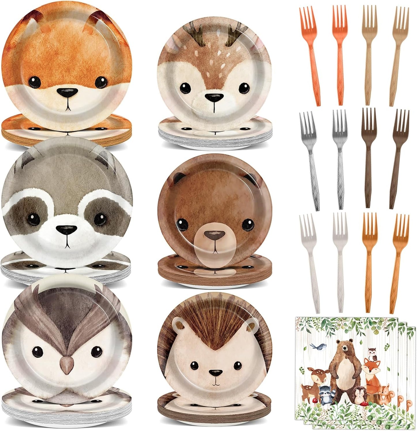 96Pcs Woodland Party Paper Plates and Napkins for Animal Party Decorations Woodland Creatures Dessert Plates Disposable Tableware for Kids Serves 24 Baby Shower Birthday Forest Animal Themed Supplies