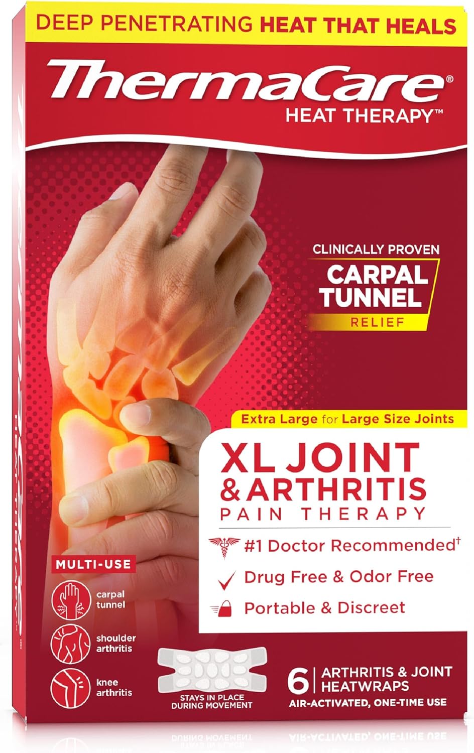 ThermaCare Arthritis Heat Wraps - Targeted Joint Pain Relief for Hands, Wrists, & Knees - 8-Hour Therapeutic Heat Therapy - Flexible, Discreet, & Portable - Drug-Free (6-Count)