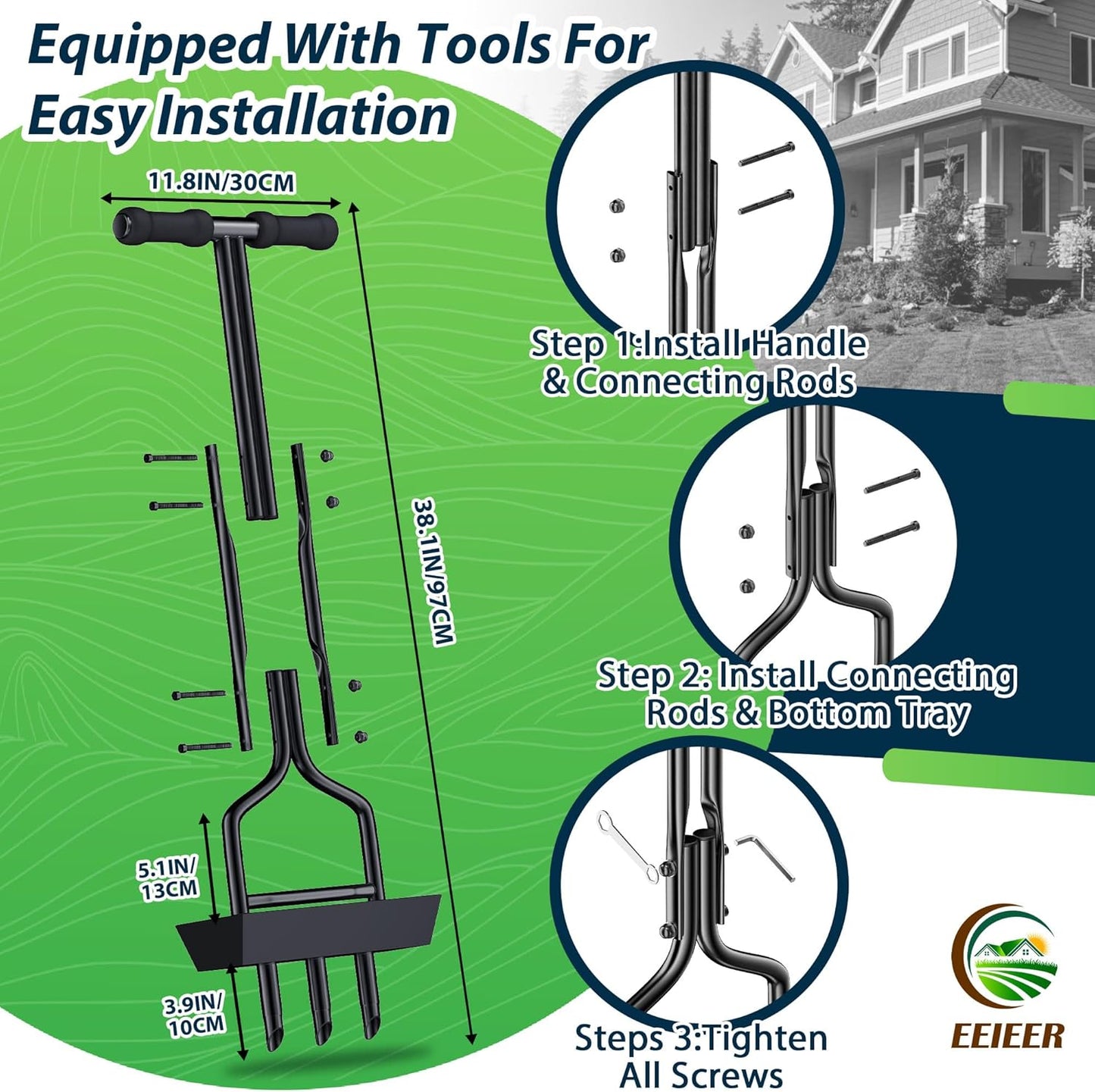EEIEER Manual Lawn Aerator Tool with Soil Storage Basket - 2025 Upgraded Aerator Lawn Tool, 3 Tines Yard Aerators with Cleaning Tool, 38’’ Ergonomic Aeration Tools for Compacted Soil & Lawn Care