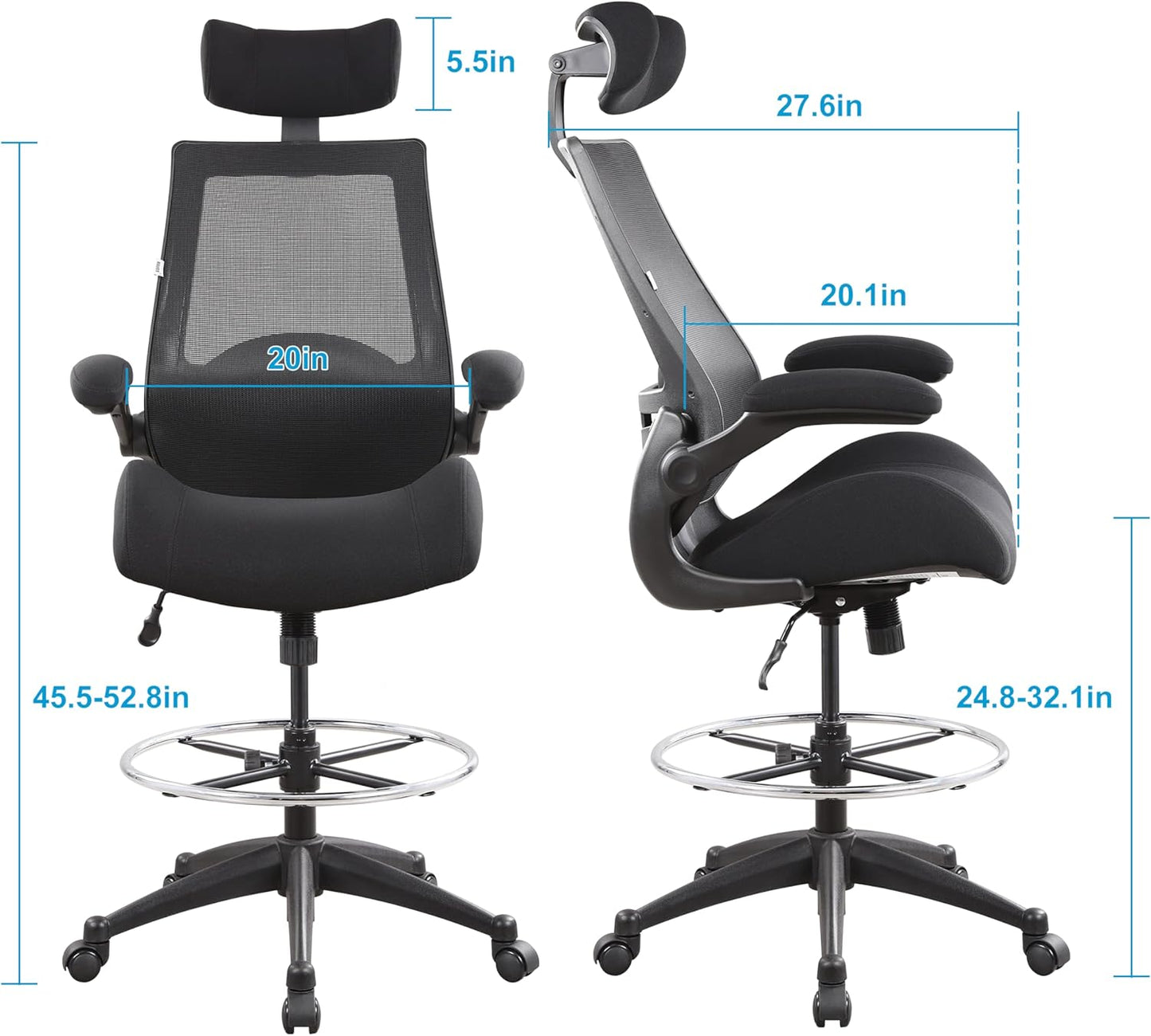 BOLISS Drafting Office Chair 400lbs High Back Wide Standing Desk Chair Comfortable with Flip up Armrests Lumbar Support Adjustable Big Footrest Ring(Black)