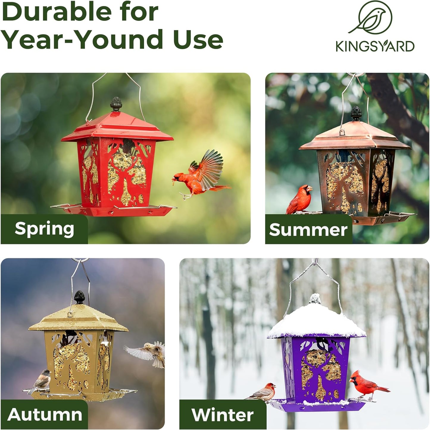 Kingsyard Metal Bird Feeder for Outdoor Hanging - Unique Design Wild Bird Hopper Feeder with 4 Perches and Rainproof Roof, Red
