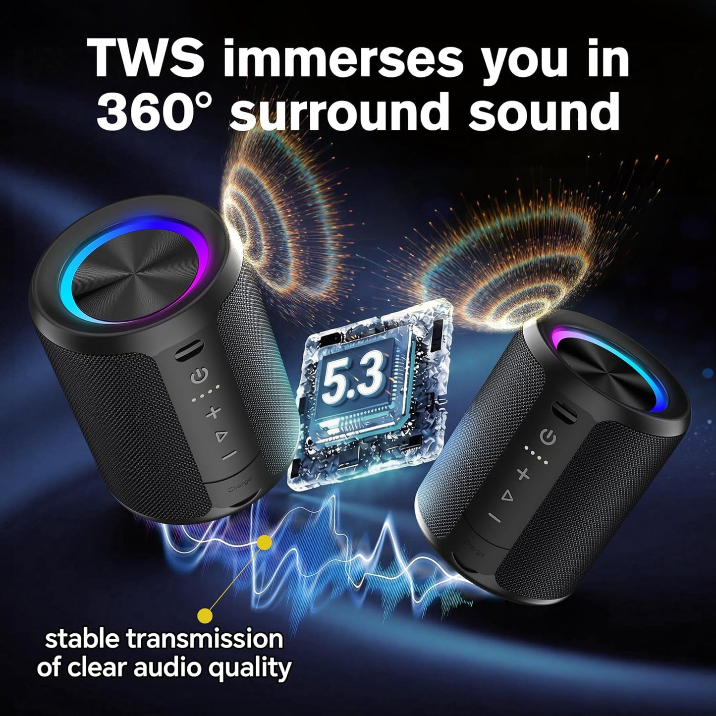 Portable Bluetooth Speaker, IPX7 Waterproof Wireless Speaker with 20W Loud Stereo Sound, 15H Playtime & Beat-Synced RGB Light, Small Outdoor Speaker for Shower, Pool, Beach, Hiking and Gifts