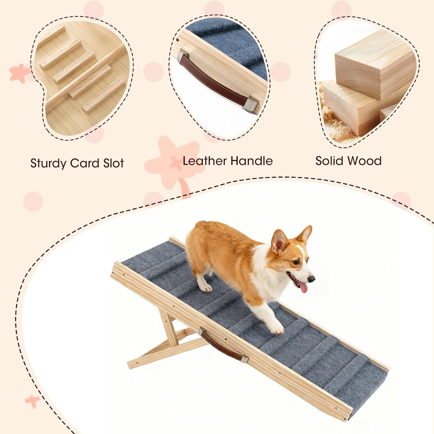 Dog Ramp for Bed, 35.4" Long Wooden Pet Ramp for Small & Large Dogs, 4 Adjustable Heights 11.8" to 22" with Anti-Slip Carpet & Carrying Handle Holds, Portable Dog ramps for Car, Bed, Couch, Outdoor