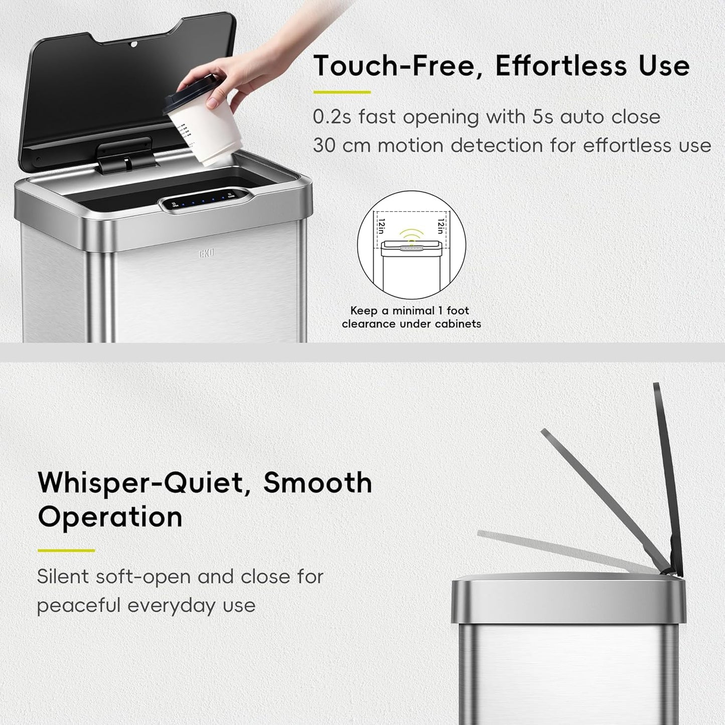 EKO Mirage-T 50 Liter / 13.2 Gallon Touchless Rectangular Motion Sensor Trash Can, Brushed Stainless Steel Finish
