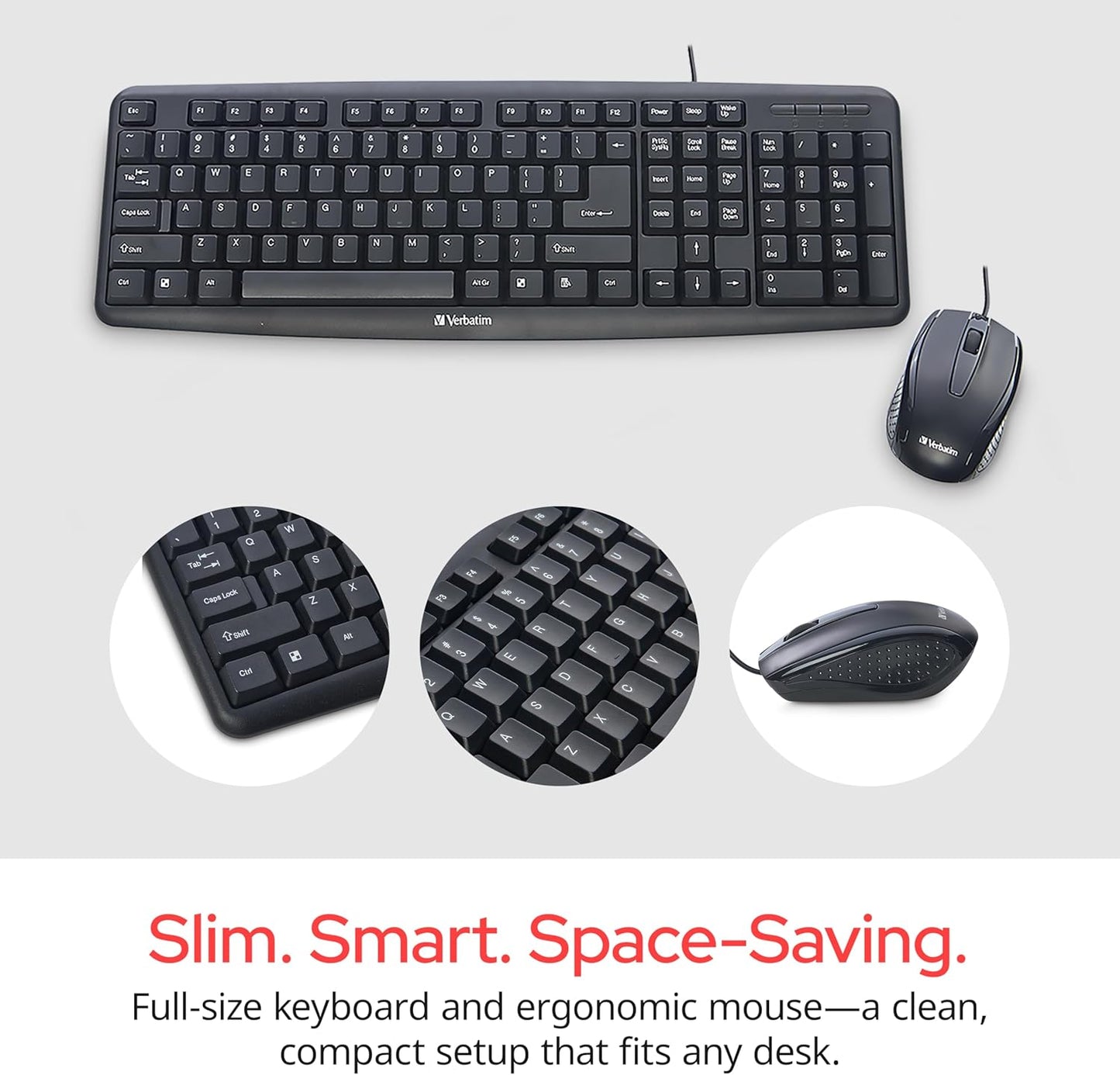 Verbatim Slimline Wired Keyboard and Mouse Combo USB Plug-and-Play Numeric Keypad Adjustable Tilt Legs Optical Corded Mouse Full-Size Computer Keyboard Compatible with PC, Laptop - FFP Packaging Black