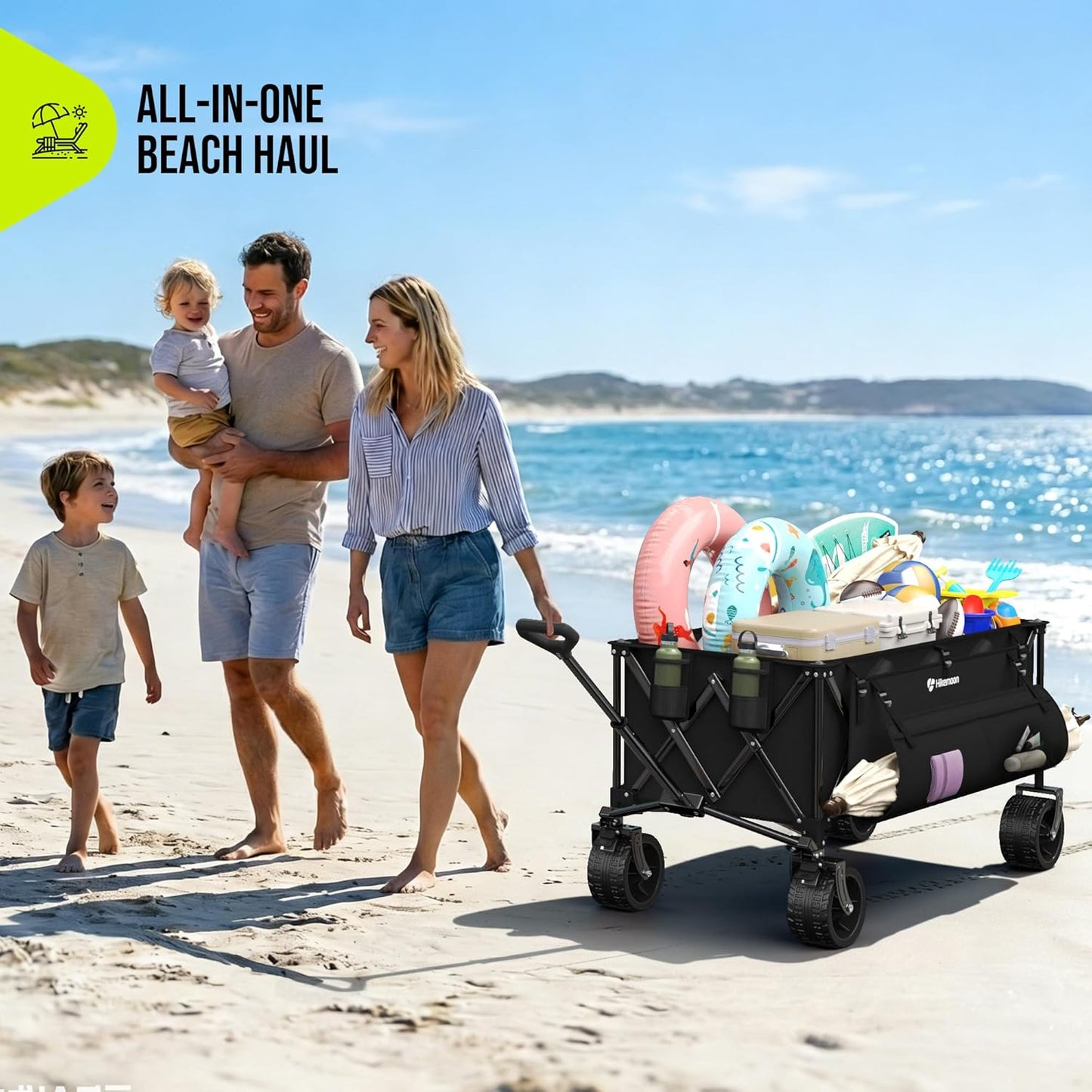 300L Extra Large Wagons Carts Foldable, 560LBS Heavy Duty Collapsible Beach Wagon 48" Long with Big All-Terrain Wheels, Utility Folding Cart for Camping, Grocery, Sports, Garden, Black