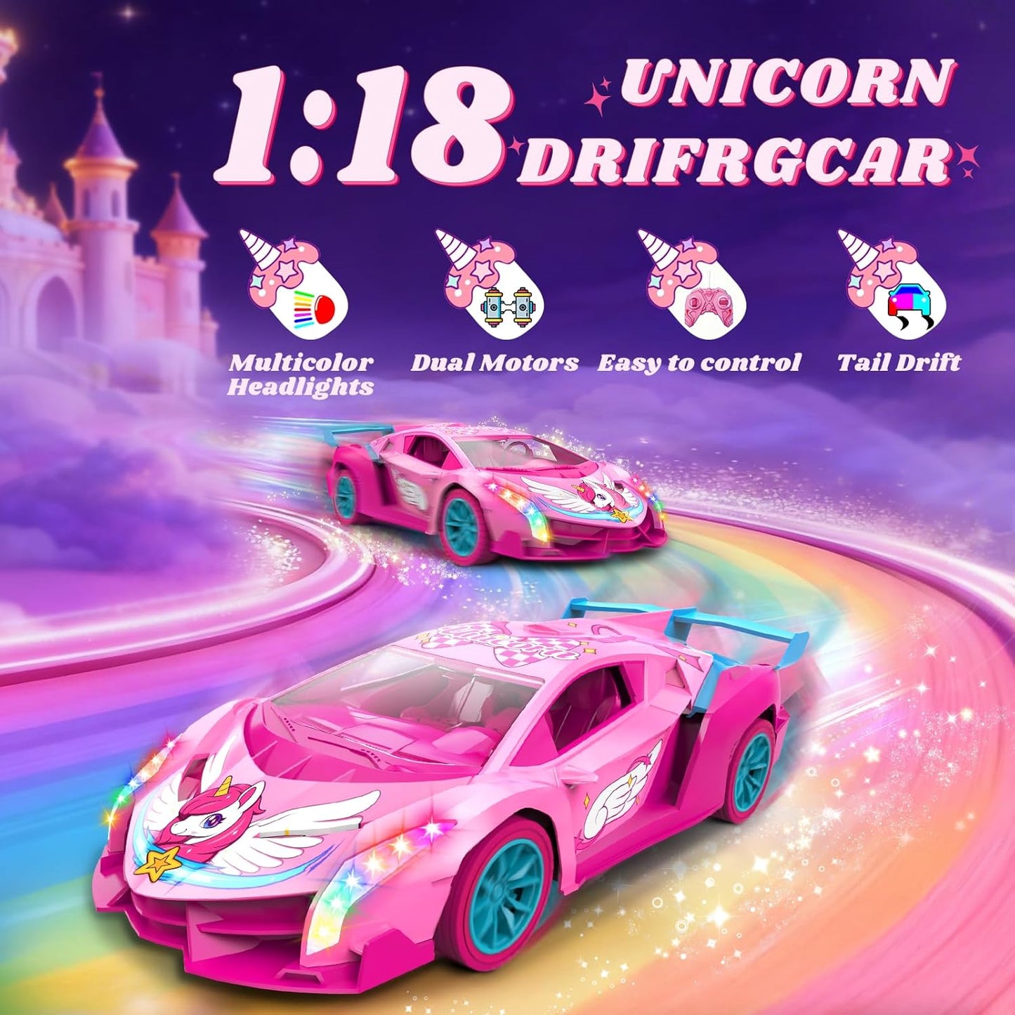 Unicorn RC Car for Girls, Rainbow Glow & Drift Wing Remote Control Car,2.4GHz RC Cars 1:18 Scale,Kids Toys Age 3 4 5 6 7 8 9 10 11 12,Girls Birthday Gifts,Valentines Day Gifts for Kids 3-12 Year Old