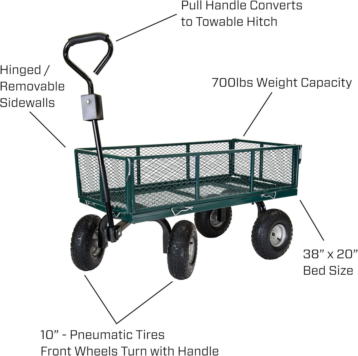 70107 Garden Cart/Utility Cart, Hinged/Removeable Sidewalls, Four 10-inch Wheels, Loop Handle with Convertible Hitch Attachment, Steel Powder-Coated Mesh Frame, 700-pound Capacity, Green