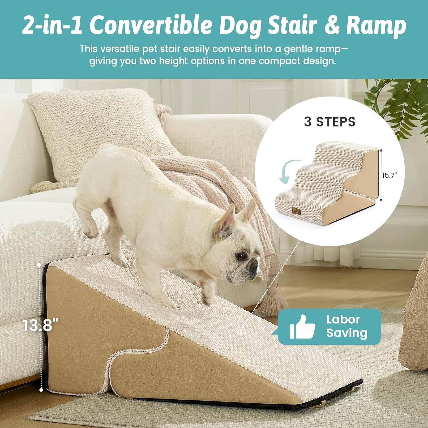 Dog Stairs for Small Dogs, 3-Step 2 in 1 Transformable Pet Stairs for Couch and Bed, 15.7" H Dog Steps for Old Cats, Puppy, Small Dogs (Beige, 15.7x22.4x15.7 in, 3.0)