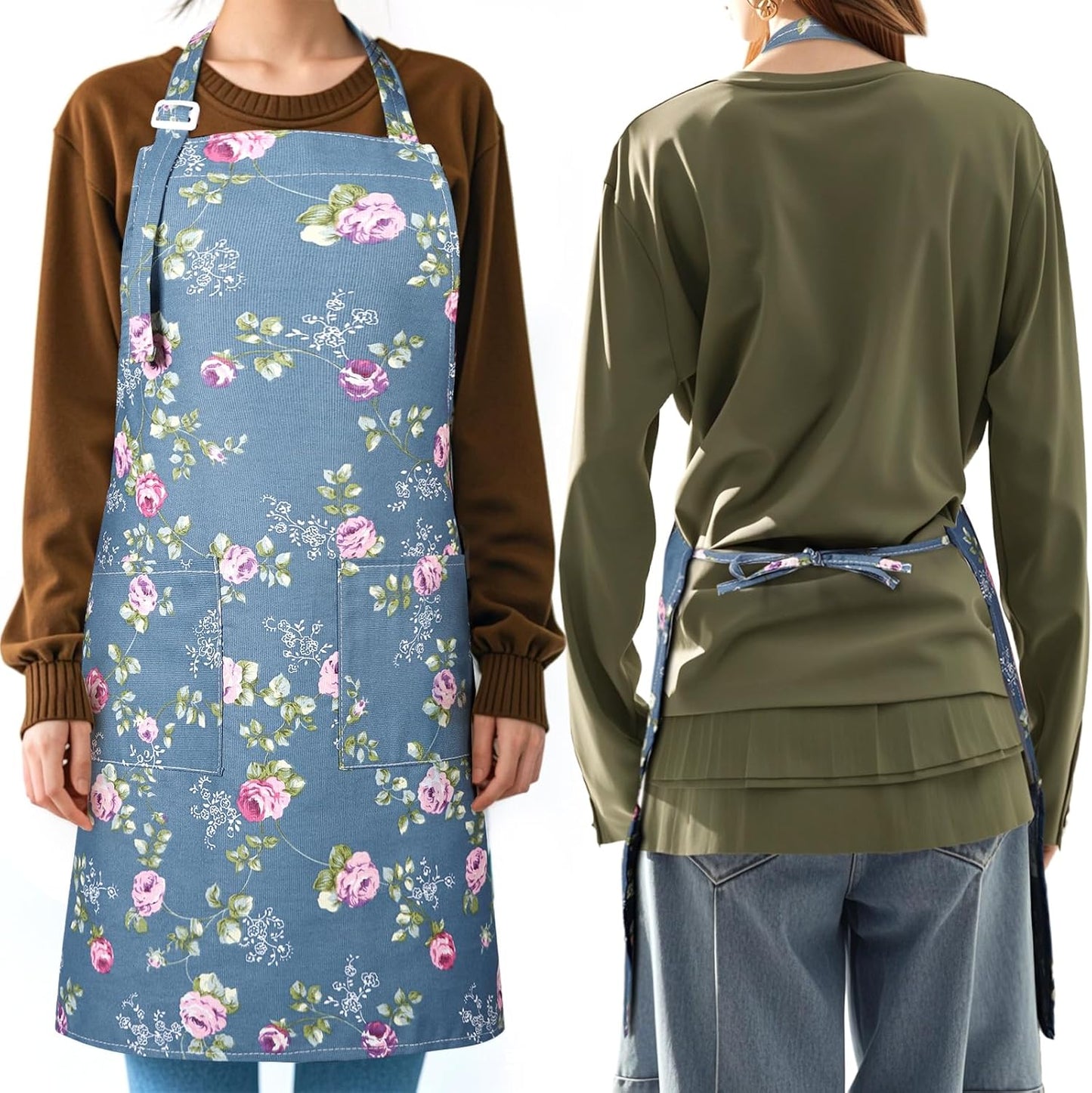 Apron for Women with Pockets, 3 Pcs Floral Print Canvas Apron with Adjustable Neck Strap for Cooking, Baking, Gardening, Crafts