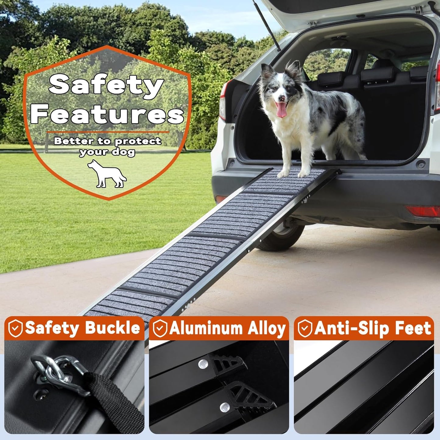 63" Long Dog Ramp for Car, Foldable Dog Ramps for Large Pet, Portable Dogs Ramp for Truck, 17" Wide Pet Car with Non-Slip Rug Surface, Pet Ramp for Large Dogs Up to 200LBS for Car, SUV & Truck-L