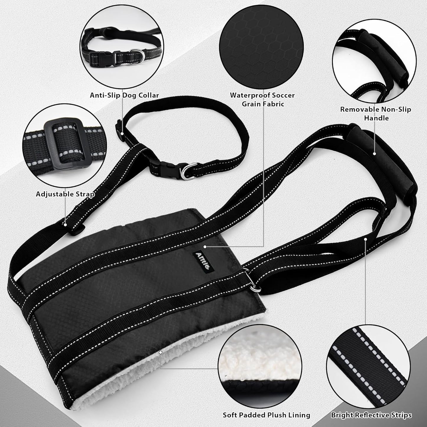 AIITLE Dog Slings for Small Dogs - Adjustable Reflective Dog Lift Harness with Anti-Slip Collar for Senior Dogs, Hind Leg Weakness, Hip Dysplasia, ACL Surgery (Black, S)