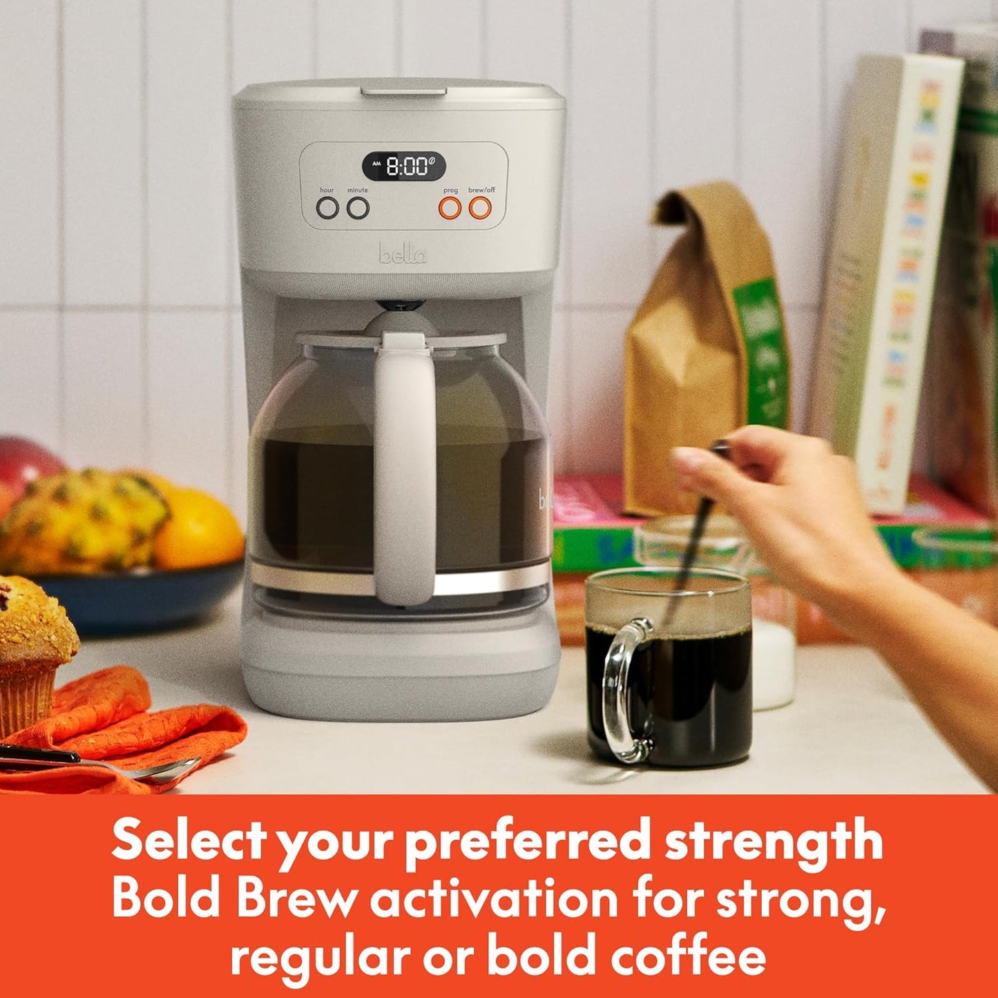 BELLA 12 Cup Programmable Coffee Marker, Reusable Dishwasher Safe Accessories, Easy LCD diaply, Auto Shutoff, 900 watt, Oatmilk