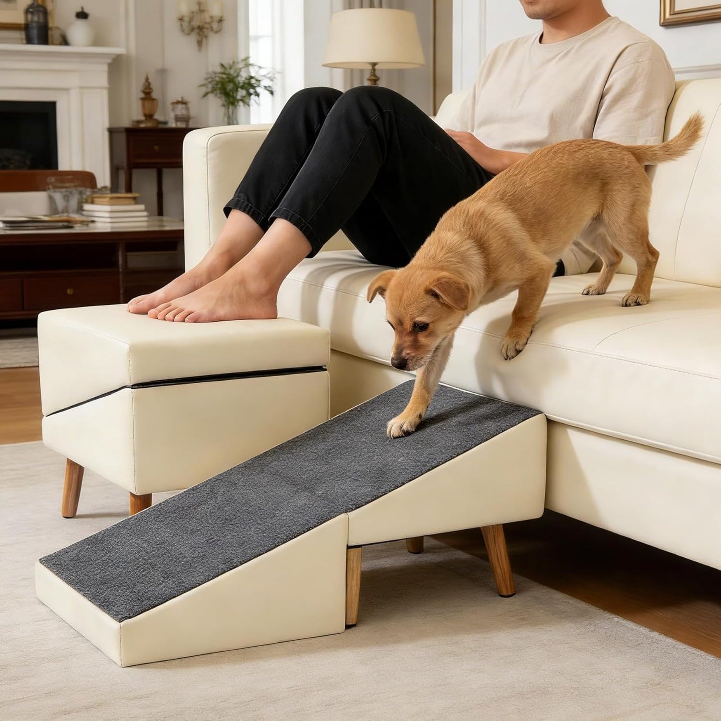Foldable Dog Ramp Split Ottoman Outdoor seat footrest Stool Couch Sofa Furniture Car SUV RV Side Door, Small Medium Senior Injured cat Step Stair to Porch, Large Steady pet ramp (Light Grey, Large)