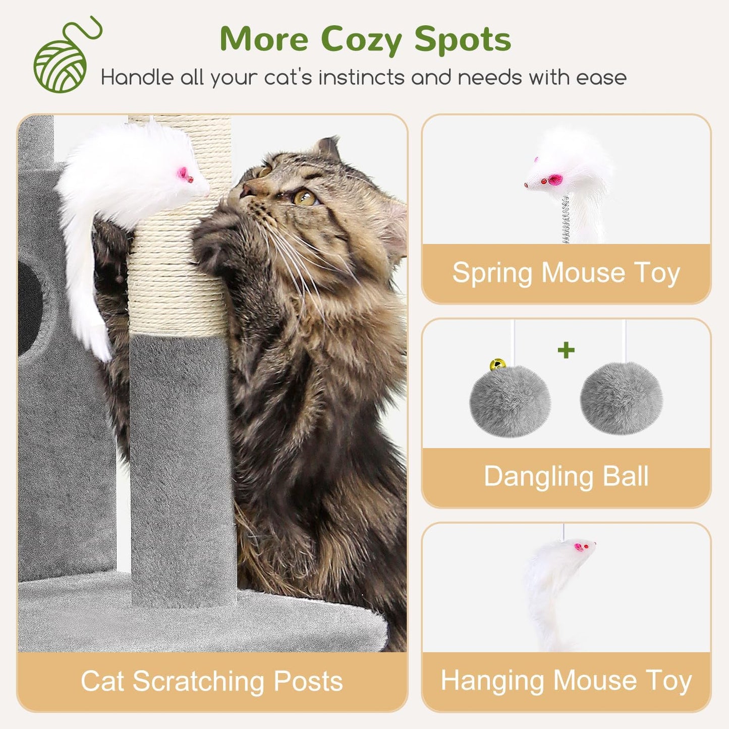 Globlazer Cat Tree Tower for Indoor Cats, 50-inch Adult Cat Tree House for Large Adult Cats with Steps, Scratching Post, 2 Cat Caves, Dangling Toys, FC50, Light Grey