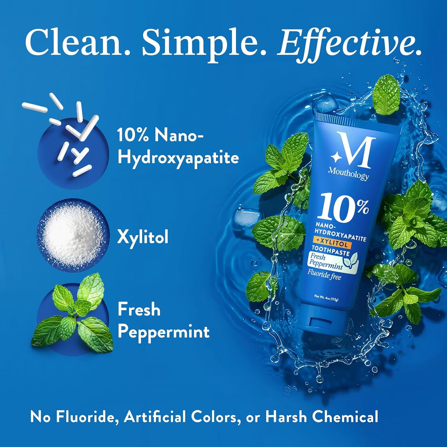 Mouthology 10% Nano Hydroxyapatite Toothpaste Fluoride Free, Whitening*, Rod Shaped nHa, Xylitol Toothpaste for Adults, Enamel Care*, Sensitive Teeth*, SLS Free, Mint 4oz (USA Made) Package May Vary
