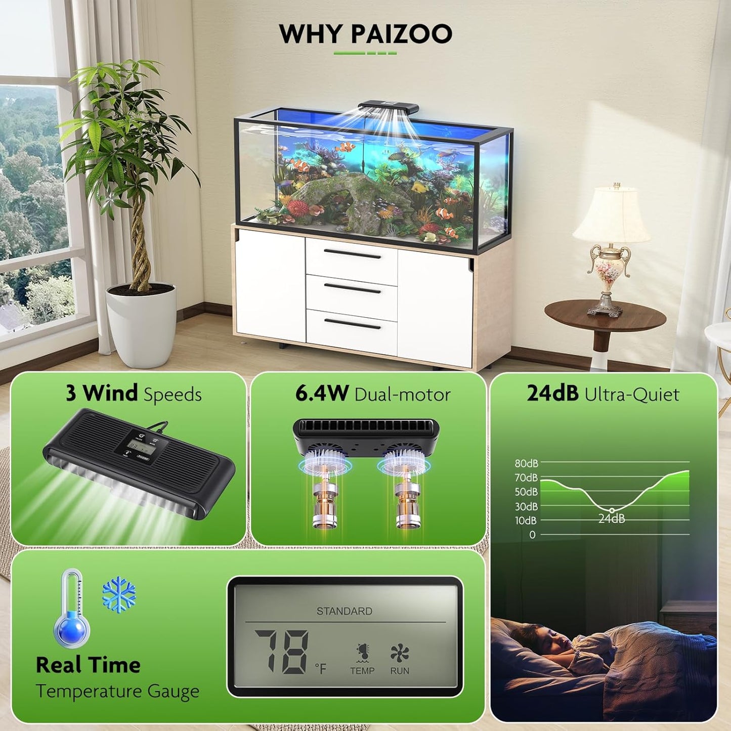 PAIZOO Aquarium Chiller Fan, Auto Temperature Control Fish Tank Cooler Aquarium Fan with Temperature Probe, LCD Display, 3 Speed Modes Axolotl Tank Cooler, 8.5-in, 6.4W