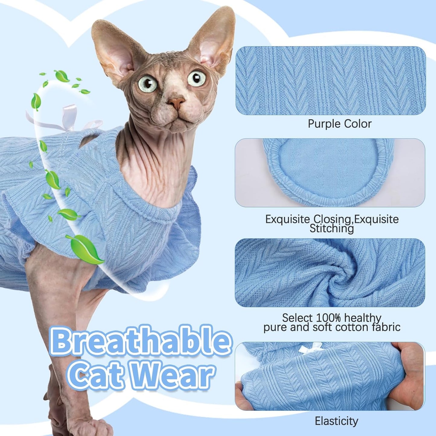 DENTRUN Sphynx Hairless Cats Shirt Pullover Kitten Clothes with Cute Flounced Sleeves Breathable Cat Wear Sweater Jumpsuit Sphynx Outfit Vest Blue XX-Large
