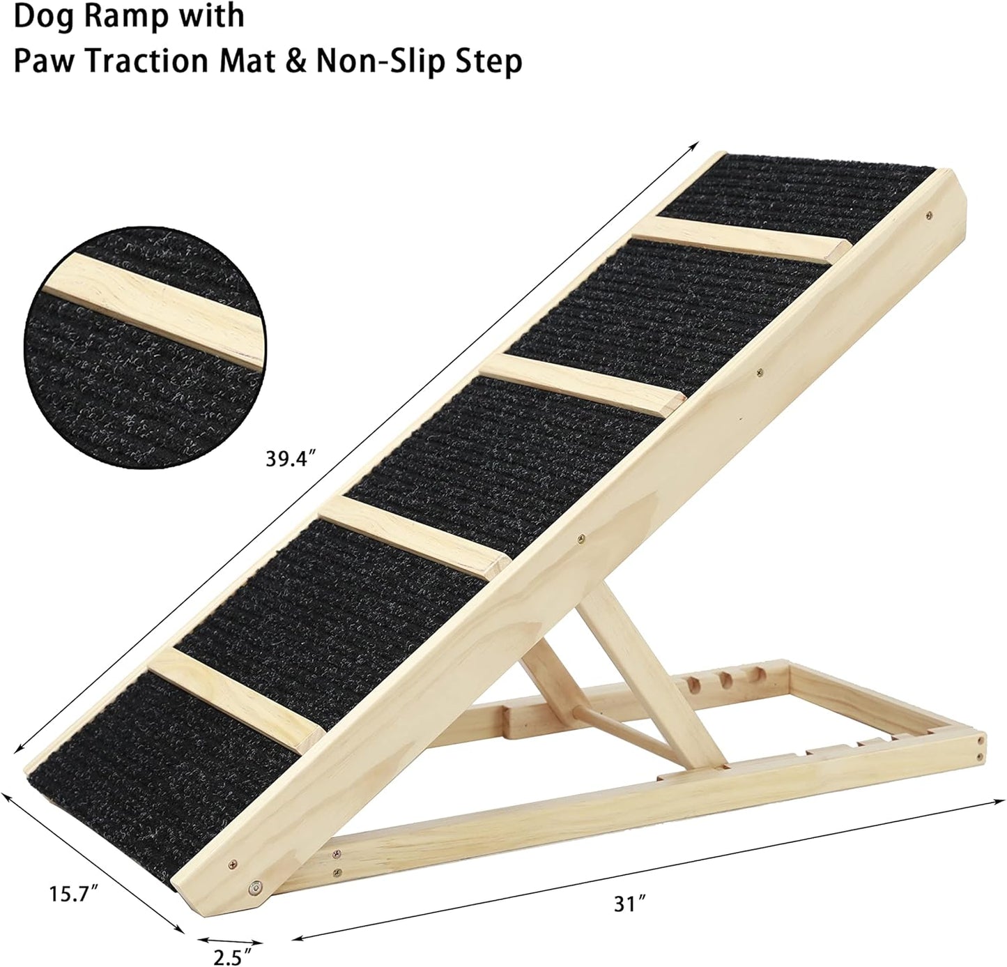 Tall Adjustable Pet Ramp, Folding Portable Wooden Dog Cat Ramp, Non-Slip Paw Traction Surface Dog Step Compatible with Car, SUV, Couch, Adjustable Height from 9.3" to 24,Queen Bed