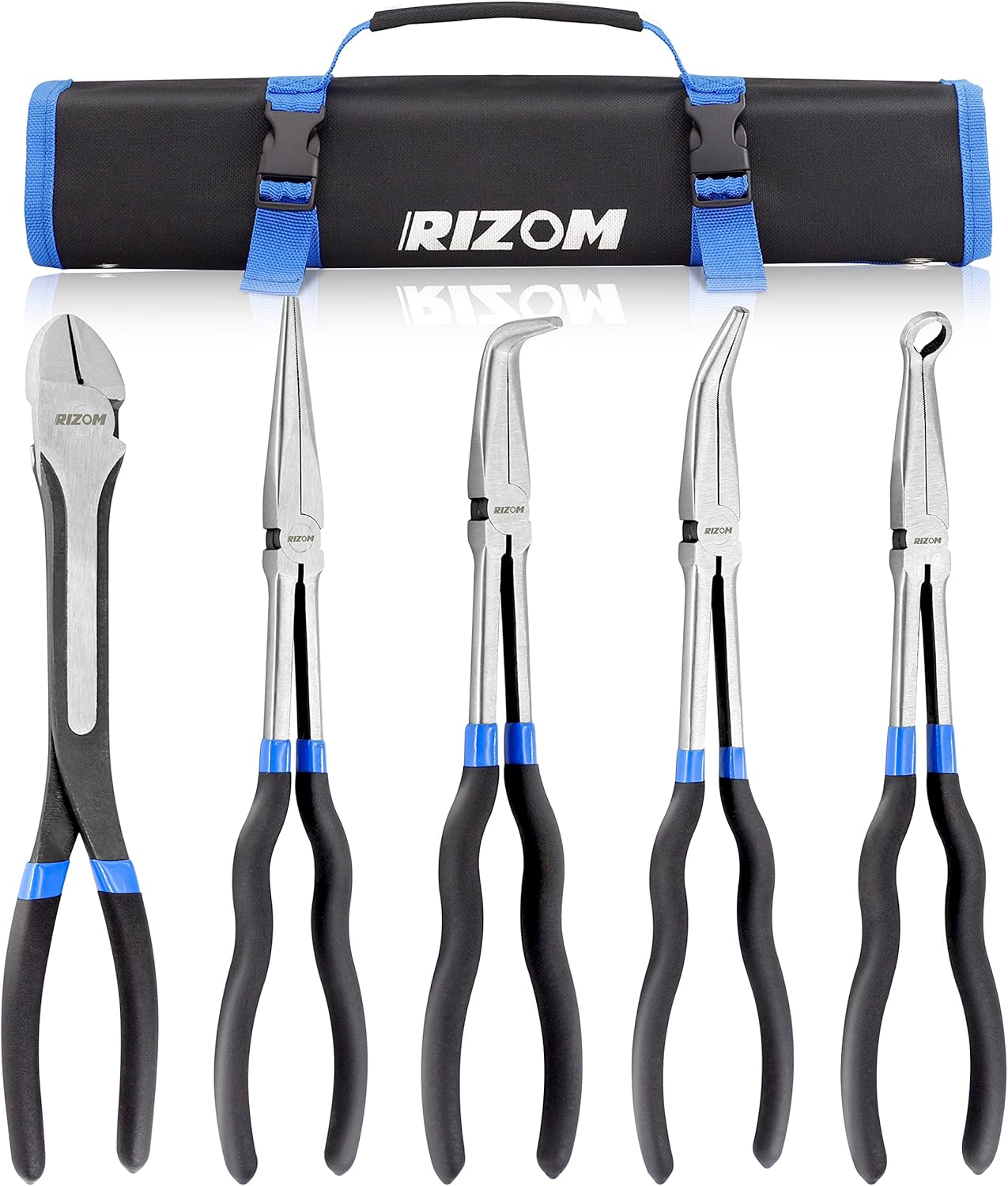 RIZOM 5-Piece 11 Inch Long Needle Nose Pliers Set, Extra Long Reach Pliers Set, 45°&90° Bent Needle Nose Pliers, Circle Nose and Diagonal Pliers for Narrow Spaces and Limited Areas
