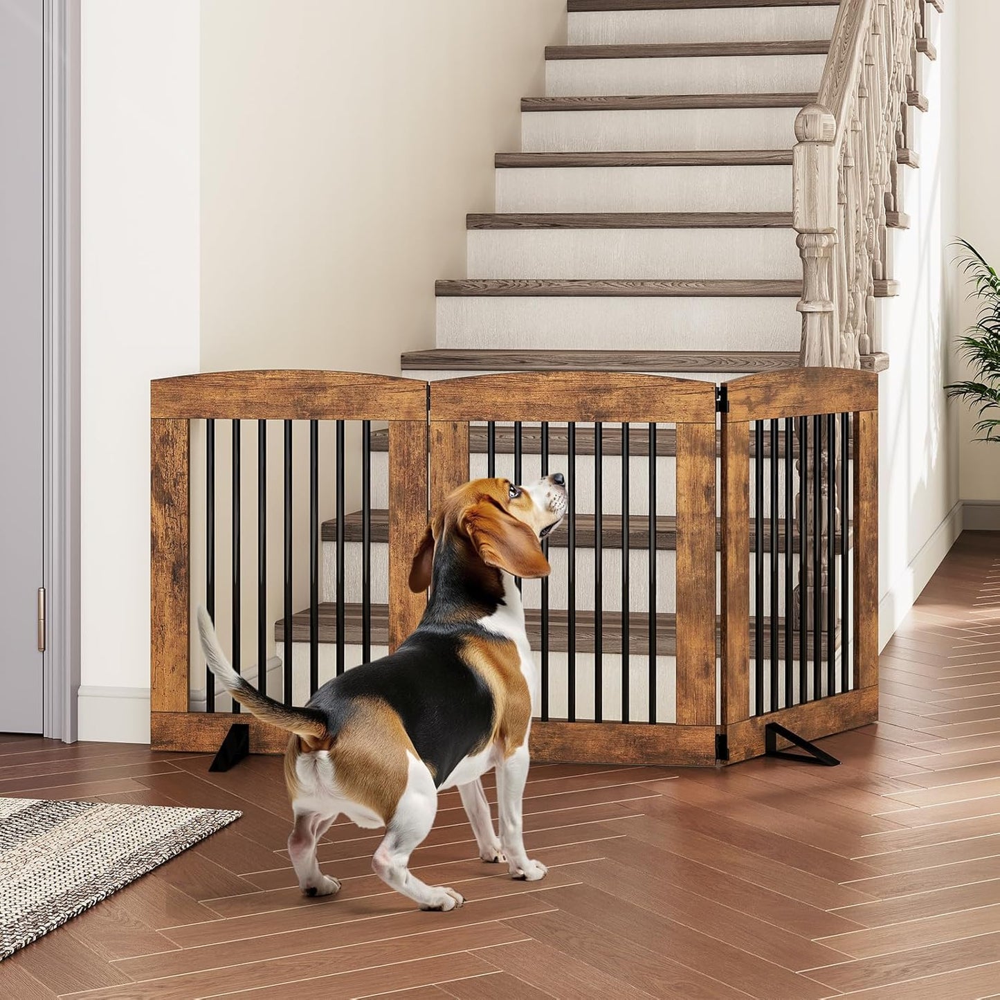 HOOBRO Indoor Dog Gate with Support Feet, Freestanding Pet Gate for Doorway, Stairs, 31.5 Inch 3 Panels, Folding Dog Fence, 360° Hinge for Easy Access, Sturdy Iron Pipe, Rustic Brown BF06PP03