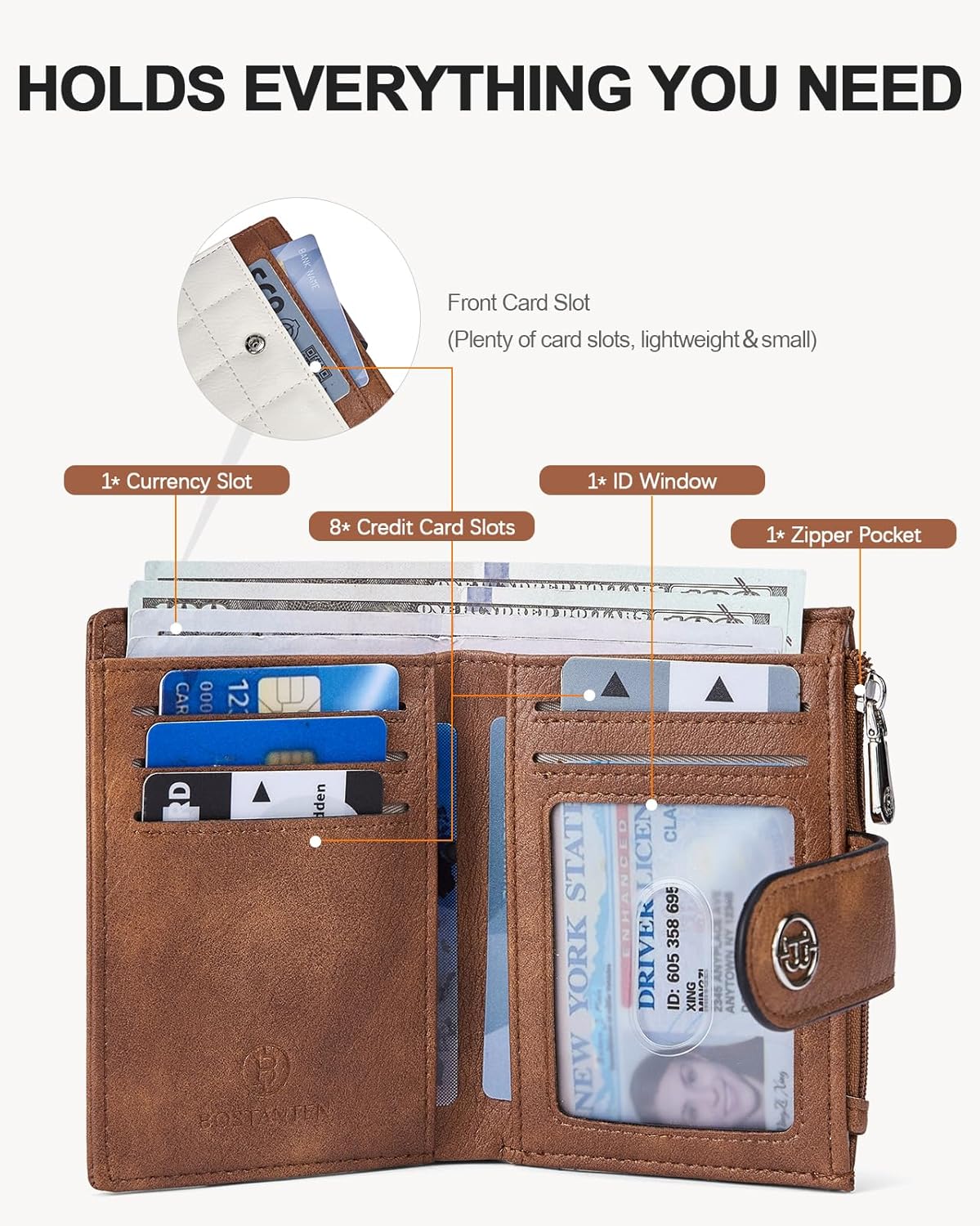 BOSTANTEN Small Wallet for Women Leather RFID Blocking Card Holder Bifold Compact Wallets With Zipper Coin Pocket Beige＆Brown