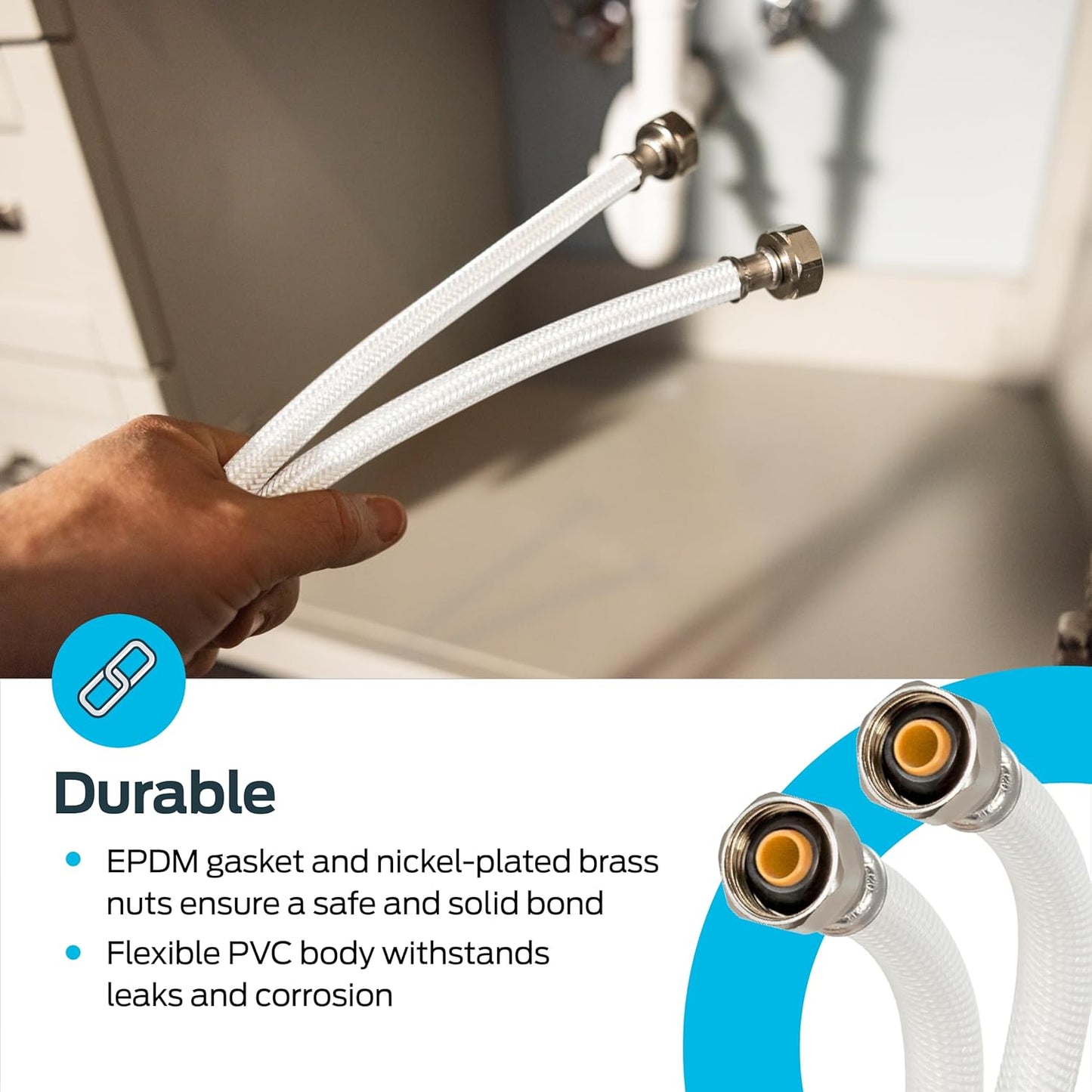 Eastman 16 Inch FIP Flexible Faucet Connector, 1/2 x 1/2 In. FIP, Reinforced PVC Supply Line with Nickel-Plated Brass Nuts, 48901